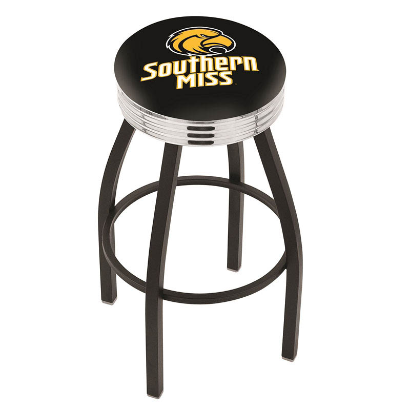inch Black Southern Miss Swivel Bar Stool w/ Chrome Ribbed Accent