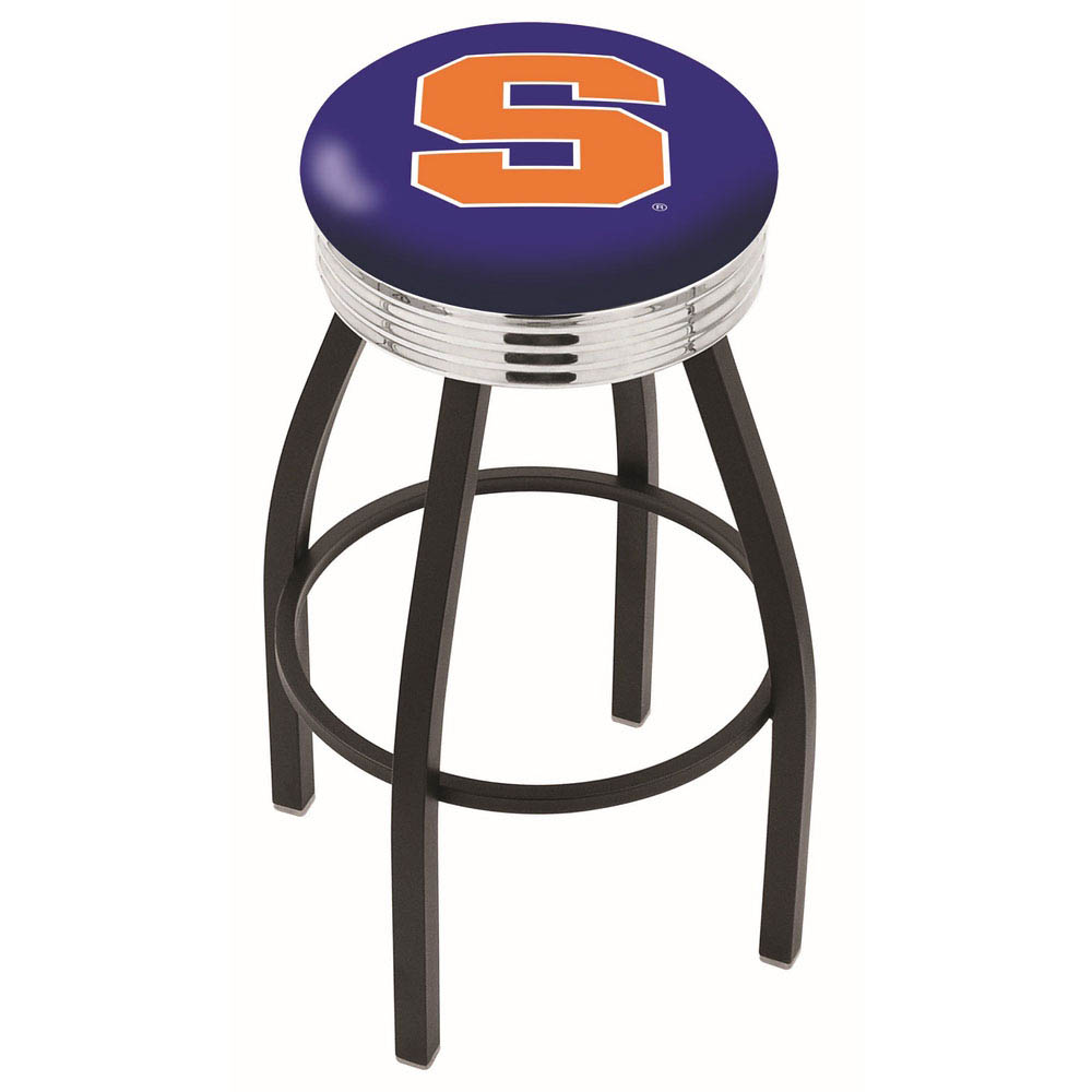 inch Black Syracuse Swivel Bar Stool w/ Chrome Ribbed Accent