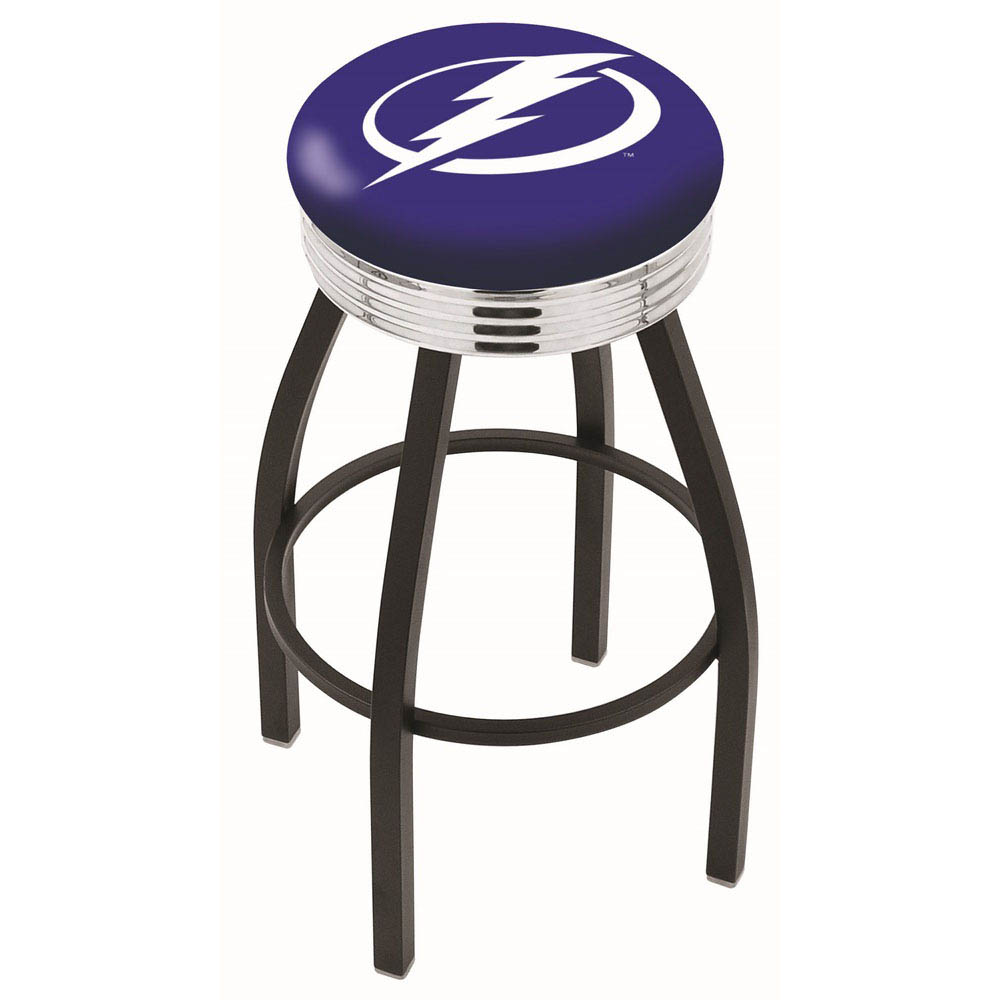 inch Black Tampa Bay Lightning Swivel Bar Stool w/ Chrome Ribbed Accent