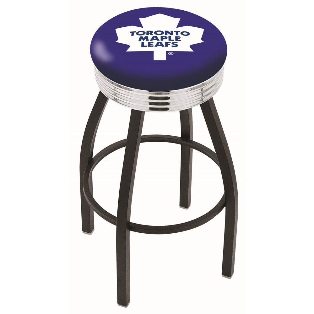 inch Black Toronto Maple Leafs Swivel Bar Stool w/ Chrome Ribbed Accent
