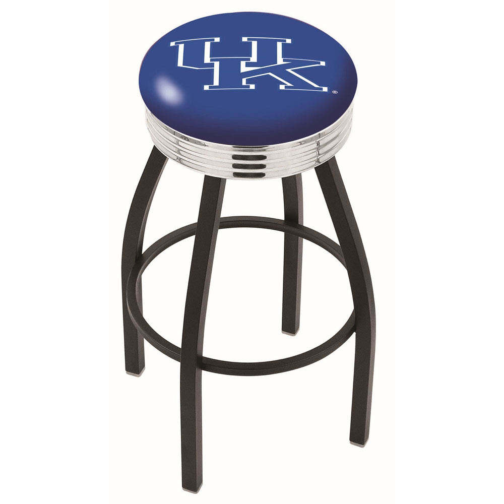 inch Black Kentucky UK Swivel Bar Stool w/ Chrome Ribbed Accent