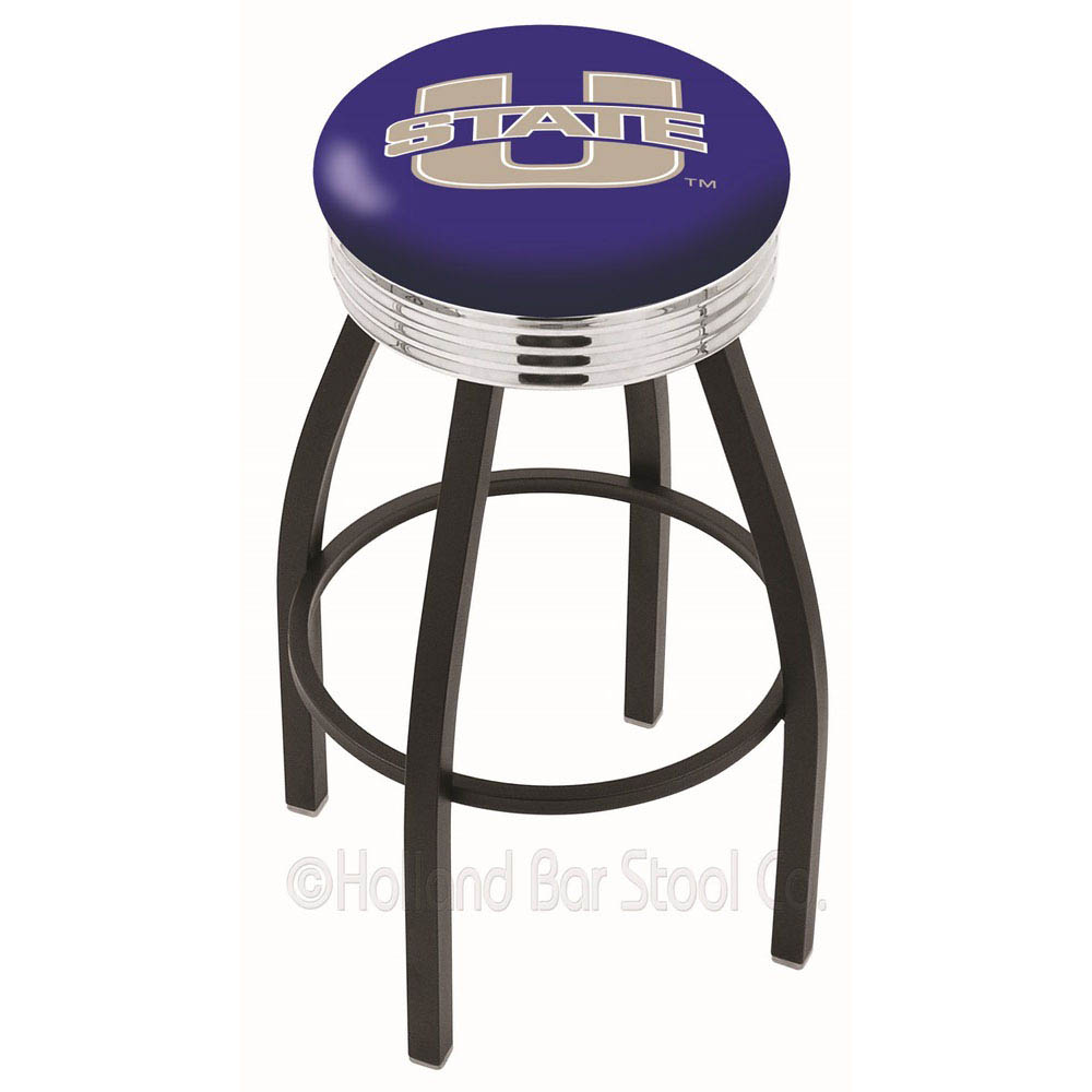 inch Black Utah State Swivel Bar Stool w/ Chrome Ribbed Accent