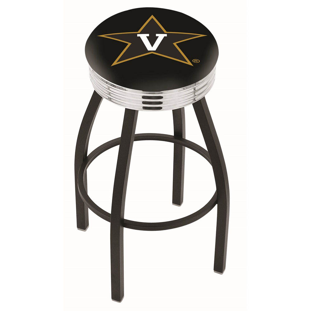 inch Black Vanderbilt Swivel Bar Stool w/ Chrome Ribbed Accent