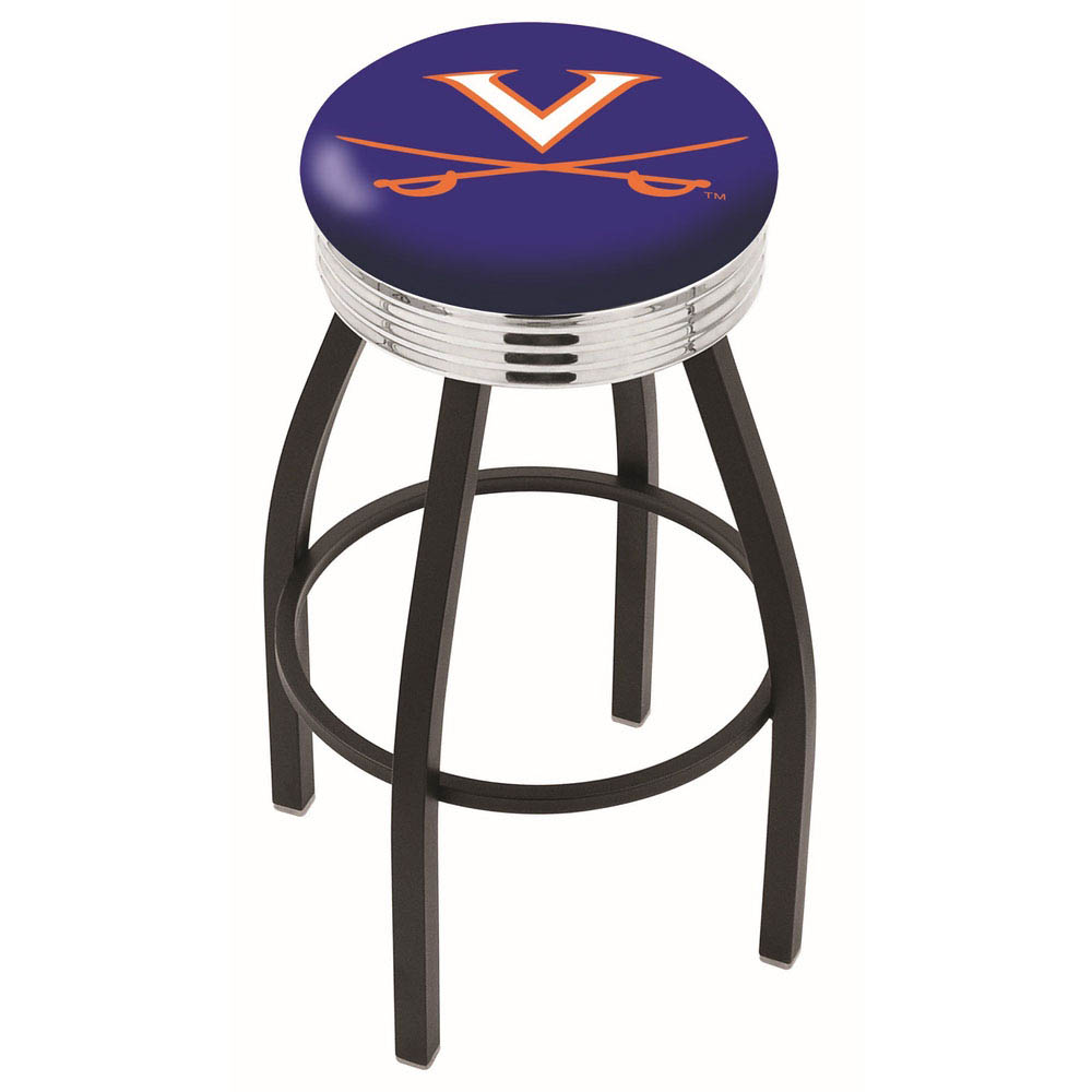 inch Black Virginia Swivel Bar Stool w/ Chrome Ribbed Accent