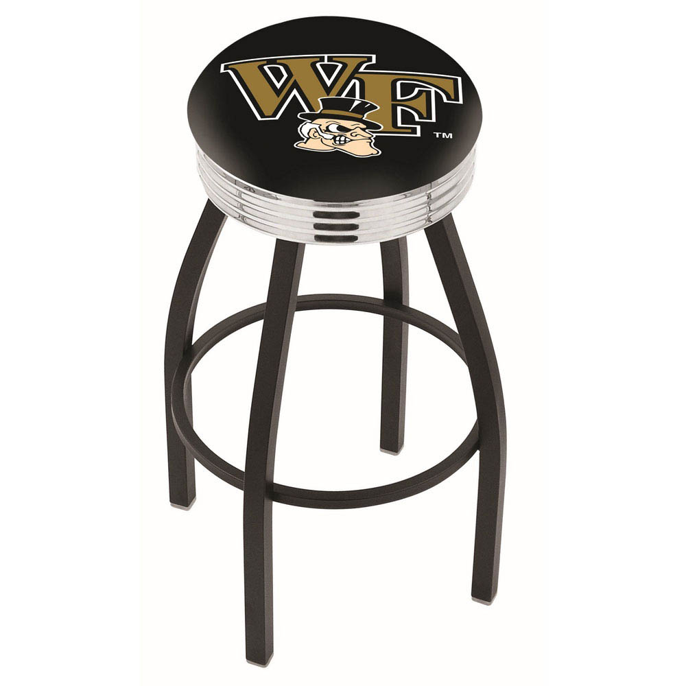 inch Black Wake Forest Swivel Bar Stool w/ Chrome Ribbed Accent