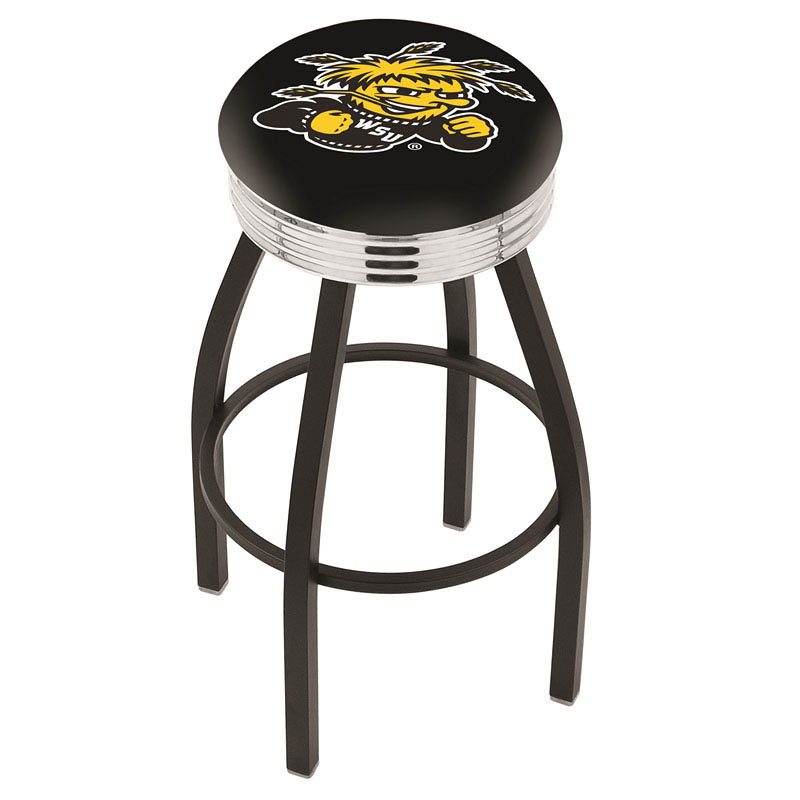 inch Black Wichita State Swivel Bar Stool w/ Chrome Ribbed Accent