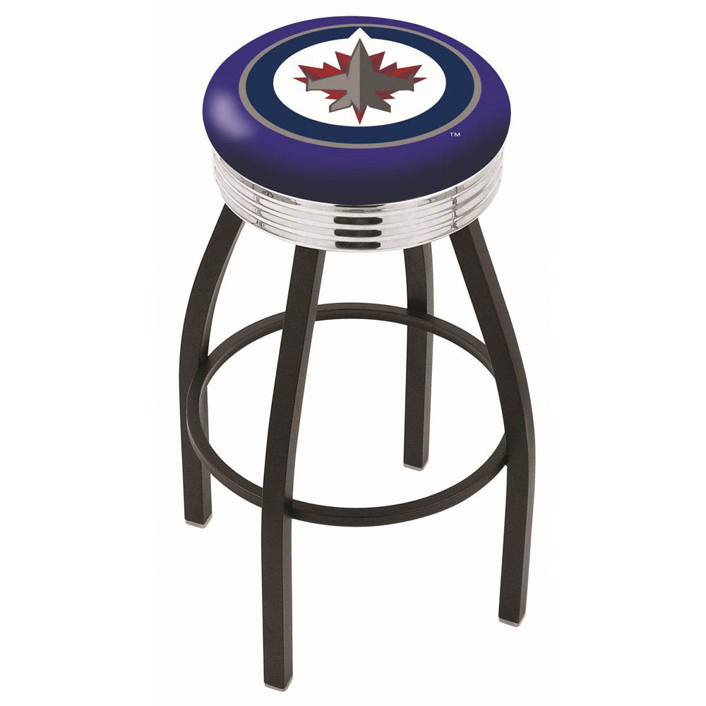 inch Black Winnipeg Jets Swivel Bar Stool w/ Chrome Ribbed Accent