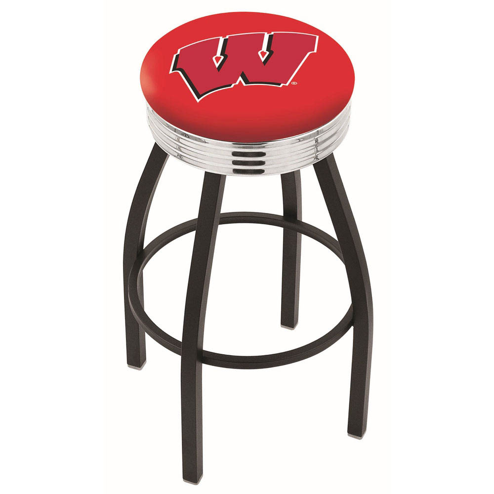 inch Black Wisconsin (W) Swivel Bar Stool w/ Chrome Ribbed Accent