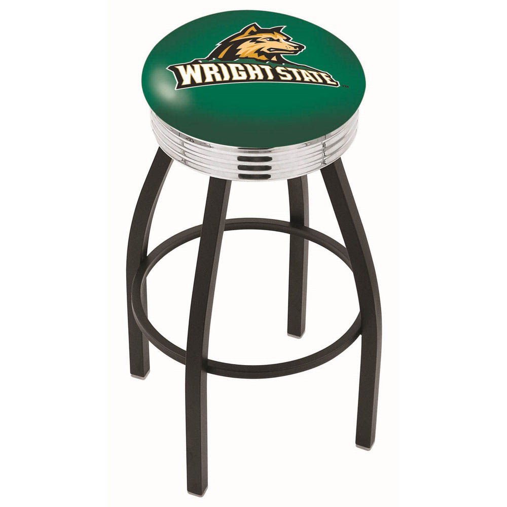 inch Black Wright State Swivel Bar Stool w/ Chrome Ribbed Accent