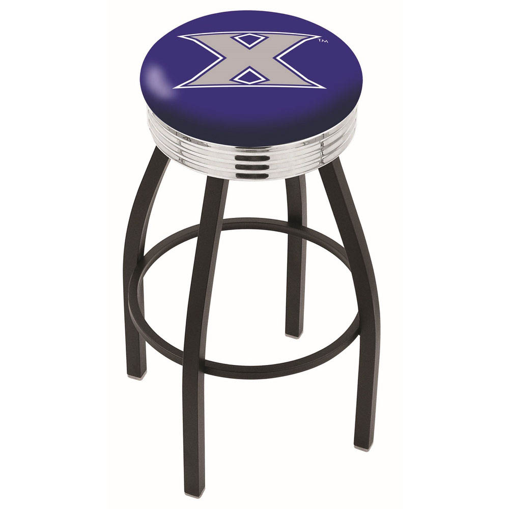 inch Black Xavier Swivel Bar Stool w/ Chrome Ribbed Accent