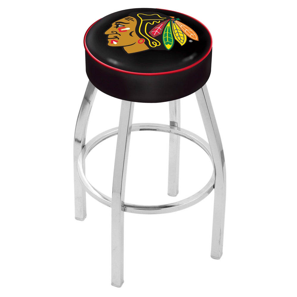 inch (Black) Chicago Blackhawks Cushion Seat w/ Chrome Base Swivel Bar Stool