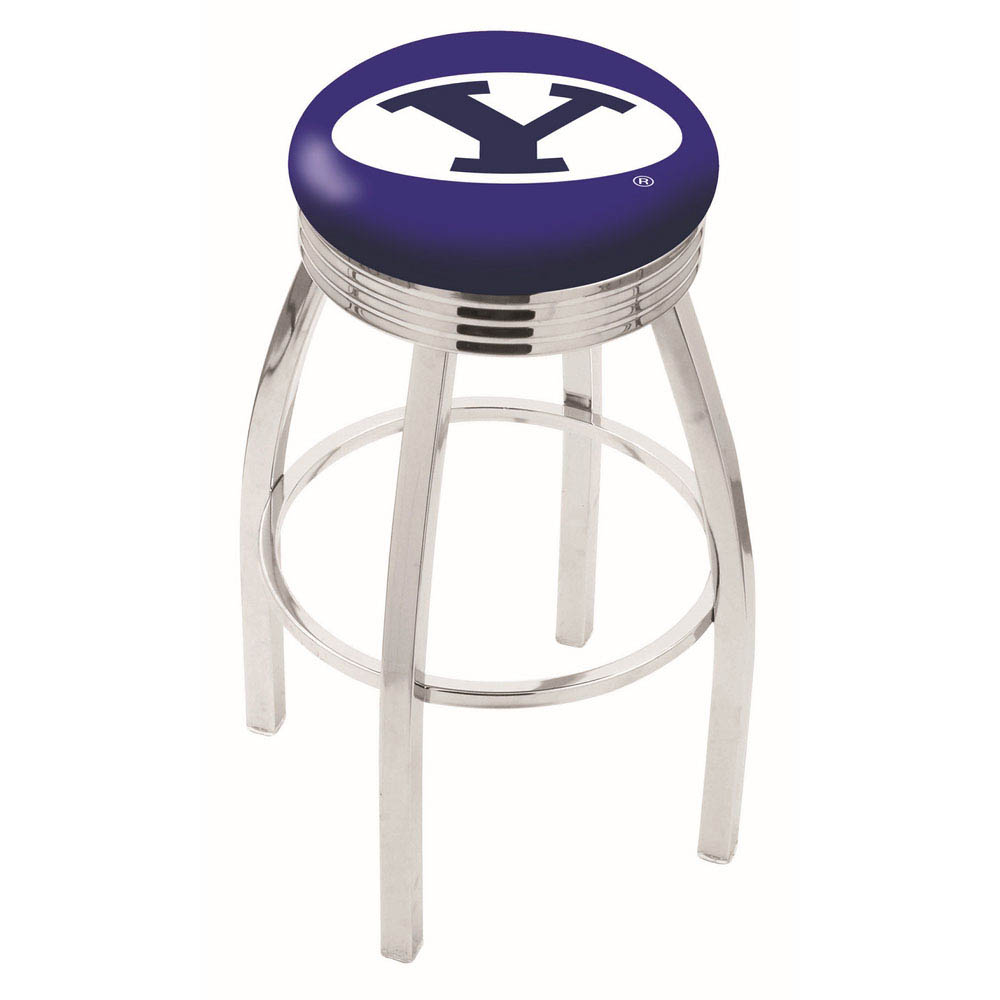 inch Chrome Brigham Young Swivel Bar Stool w/ Ribbed Accent