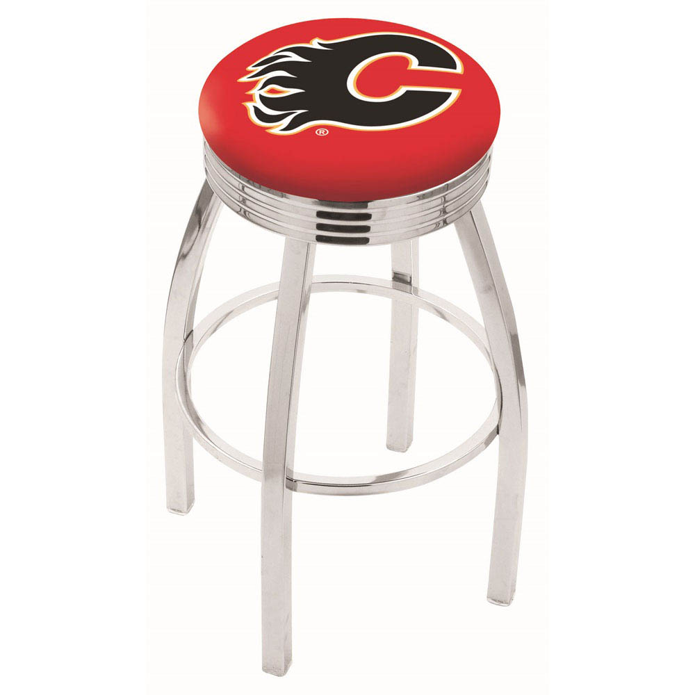 inch Chrome Calgary Flames Swivel Bar Stool w/ Ribbed Accent