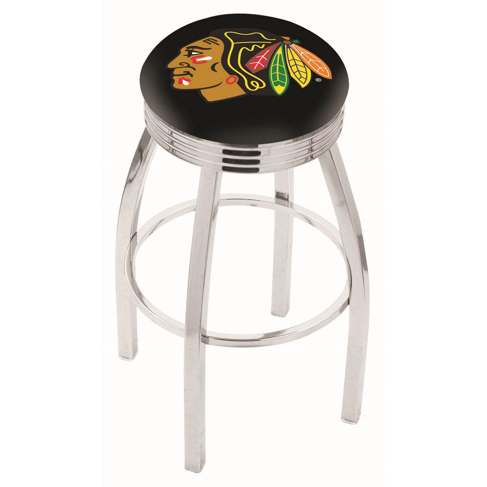 inch Chrome Chicago Blackhawks (Black) Swivel Bar Stool w/ Ribbed Accent
