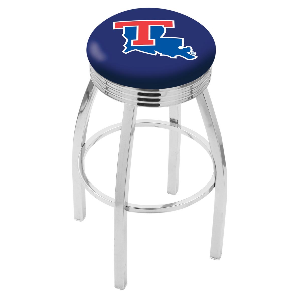 inch Chrome Louisiana Tech Swivel Bar Stool w/ Ribbed Accent