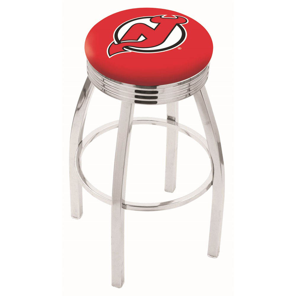 inch Chrome New Jersey Devils Swivel Bar Stool w/ Ribbed Accent