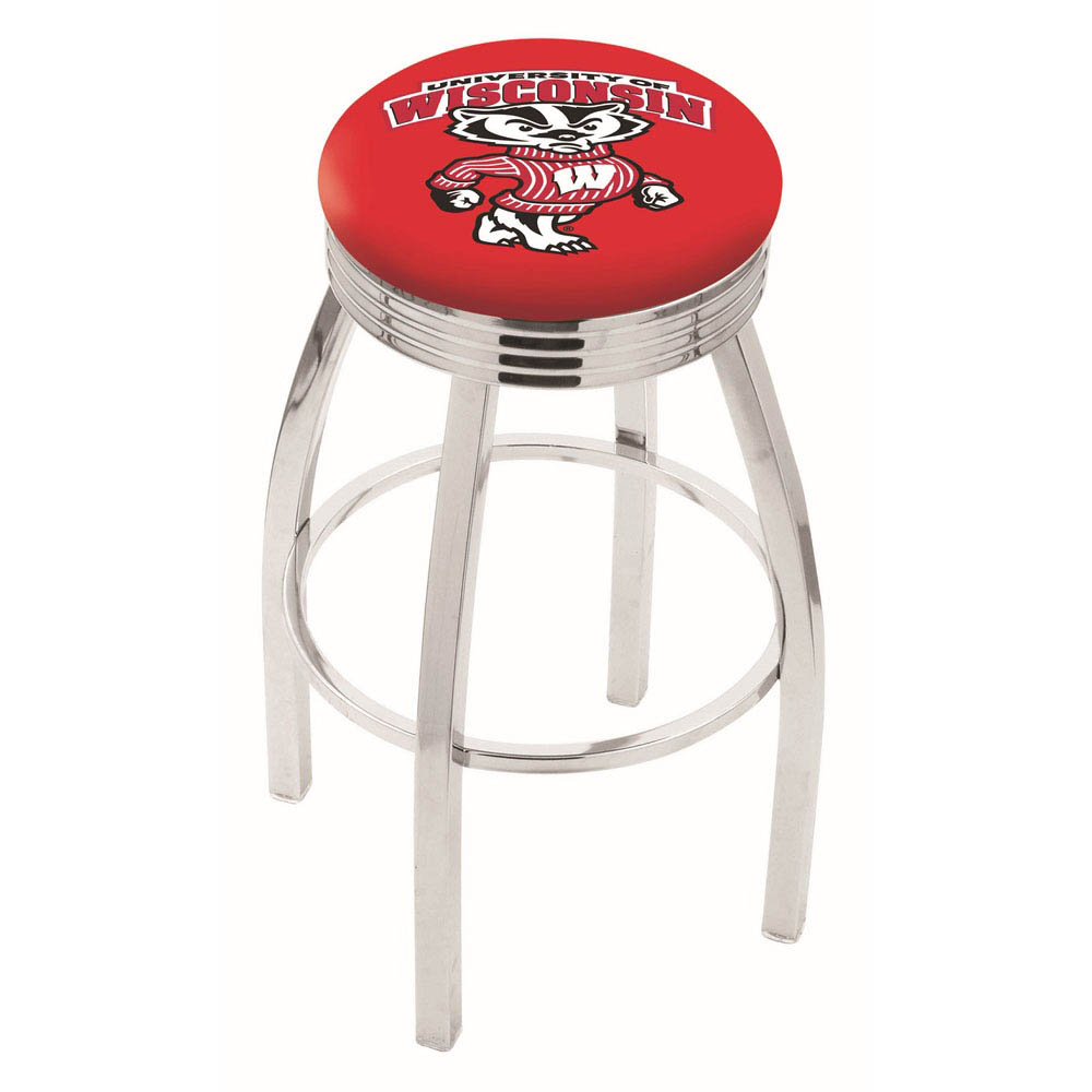 inch Chrome Wisconsin Badger Swivel Bar Stool w/ Ribbed Accent