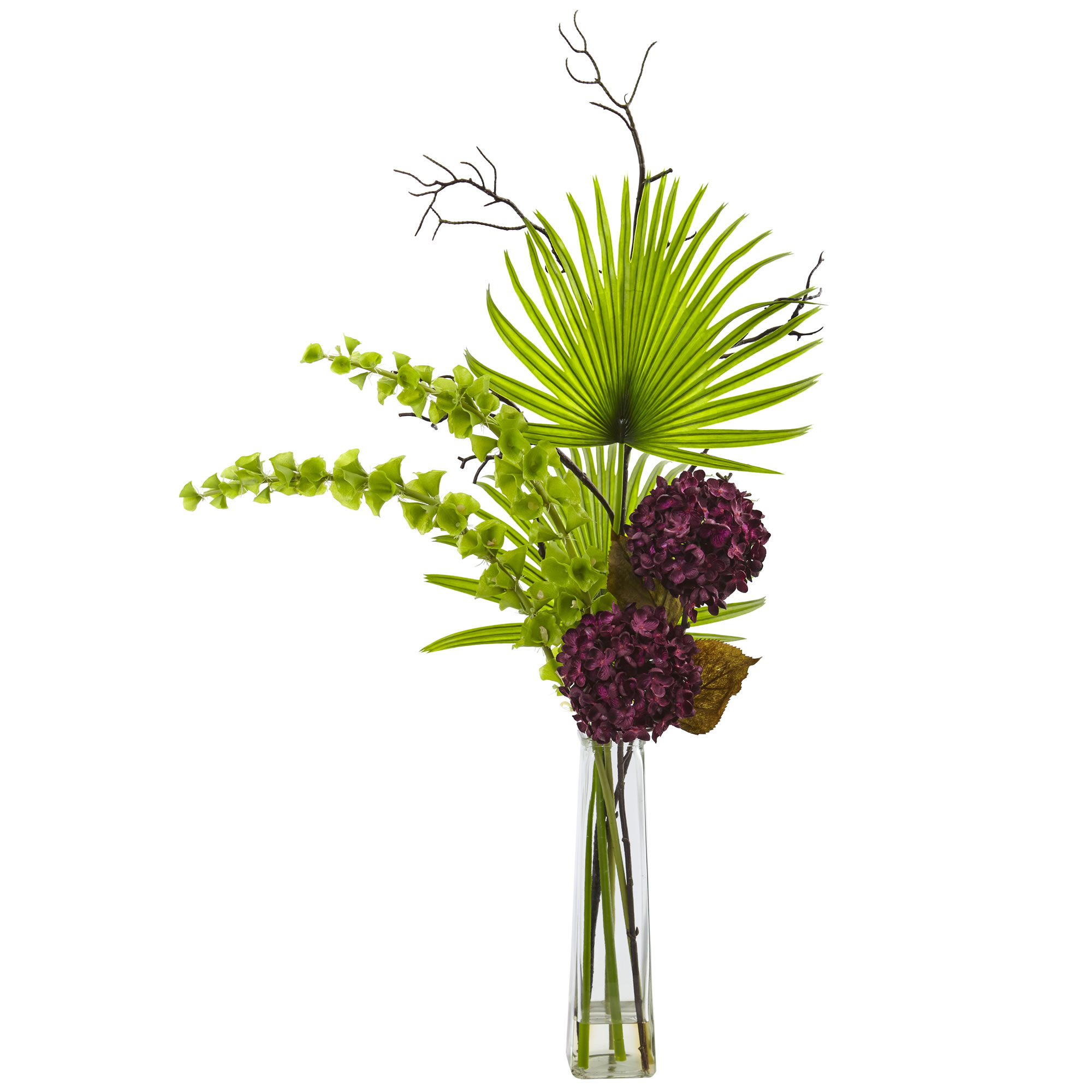 38 inch Hydrangea, Bells Of Ireland and Palm Frond Arrangement