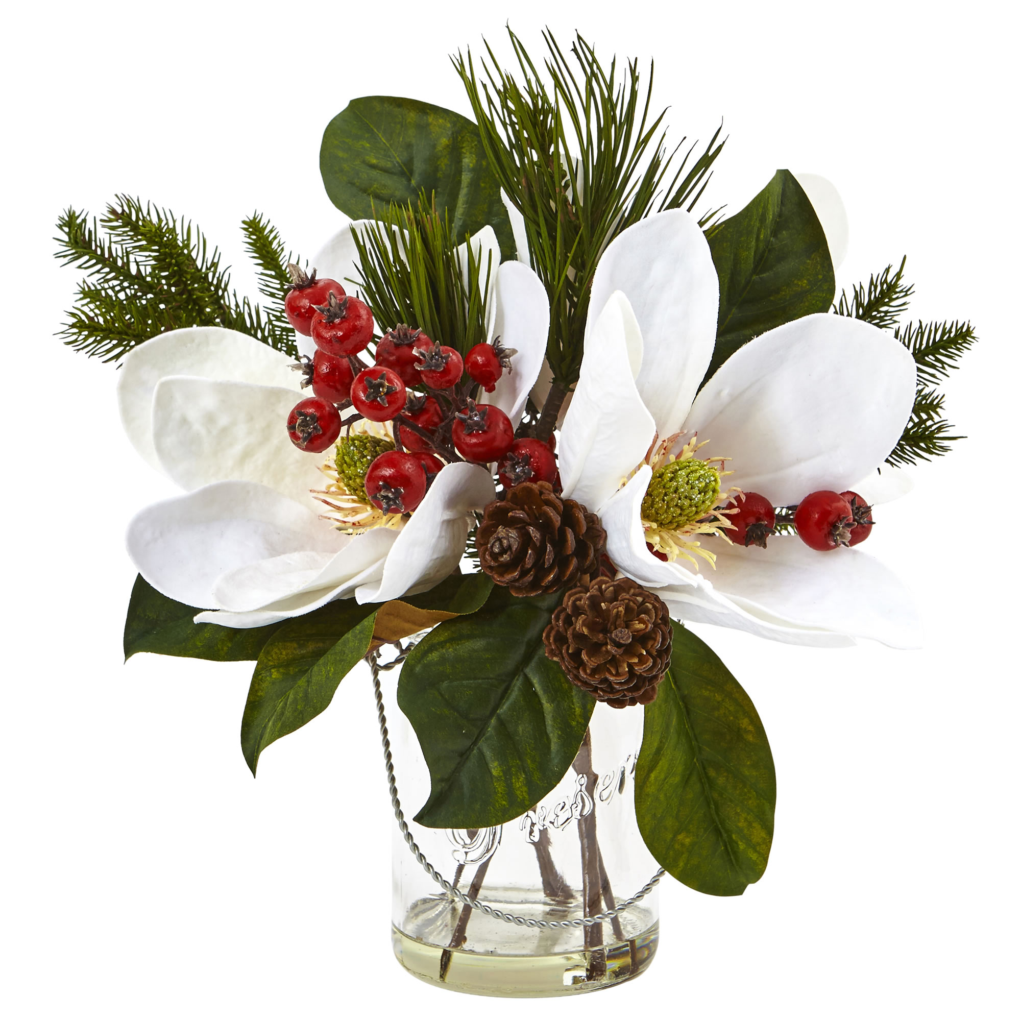 12 Inch White, Red Magnolia, Pine, And Berry In Glass Vase