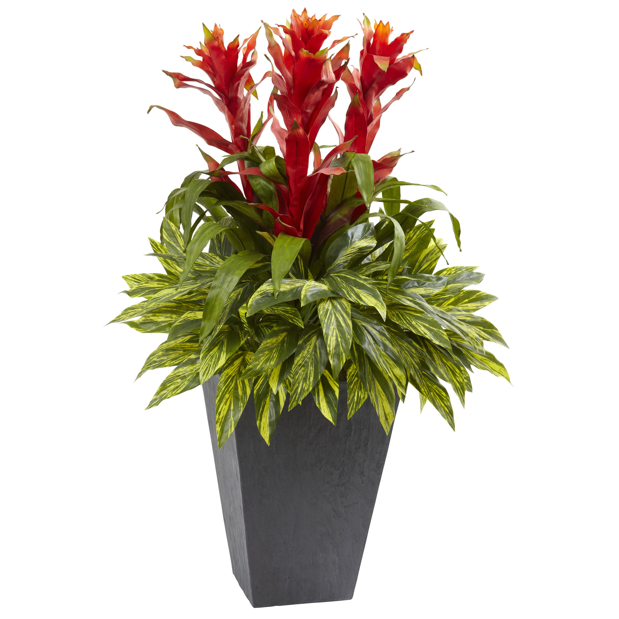 39 Inch Red Tropical Bromeliad In Slate Planter