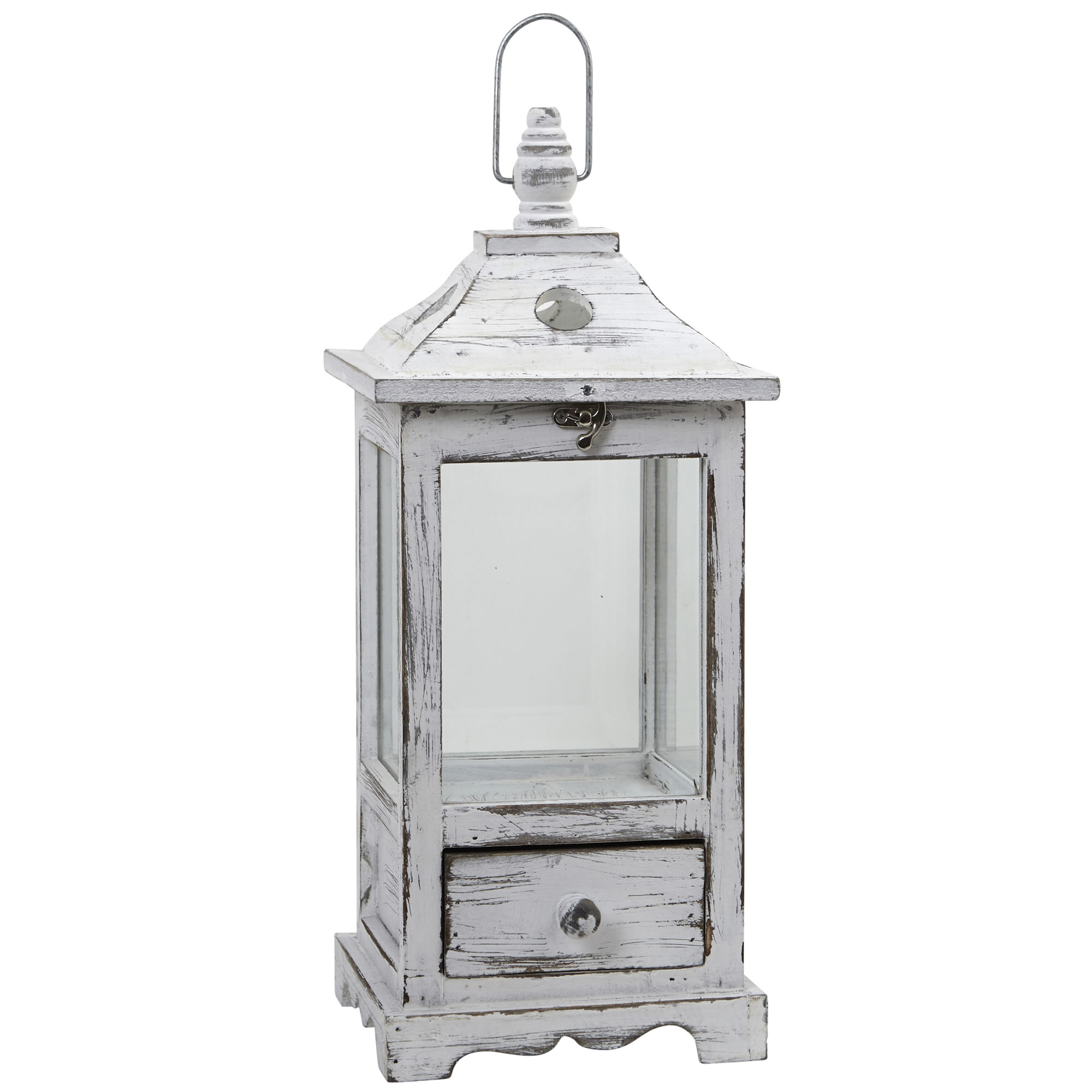 17.25 Inch Distressed Wooden Lantern With Drawer