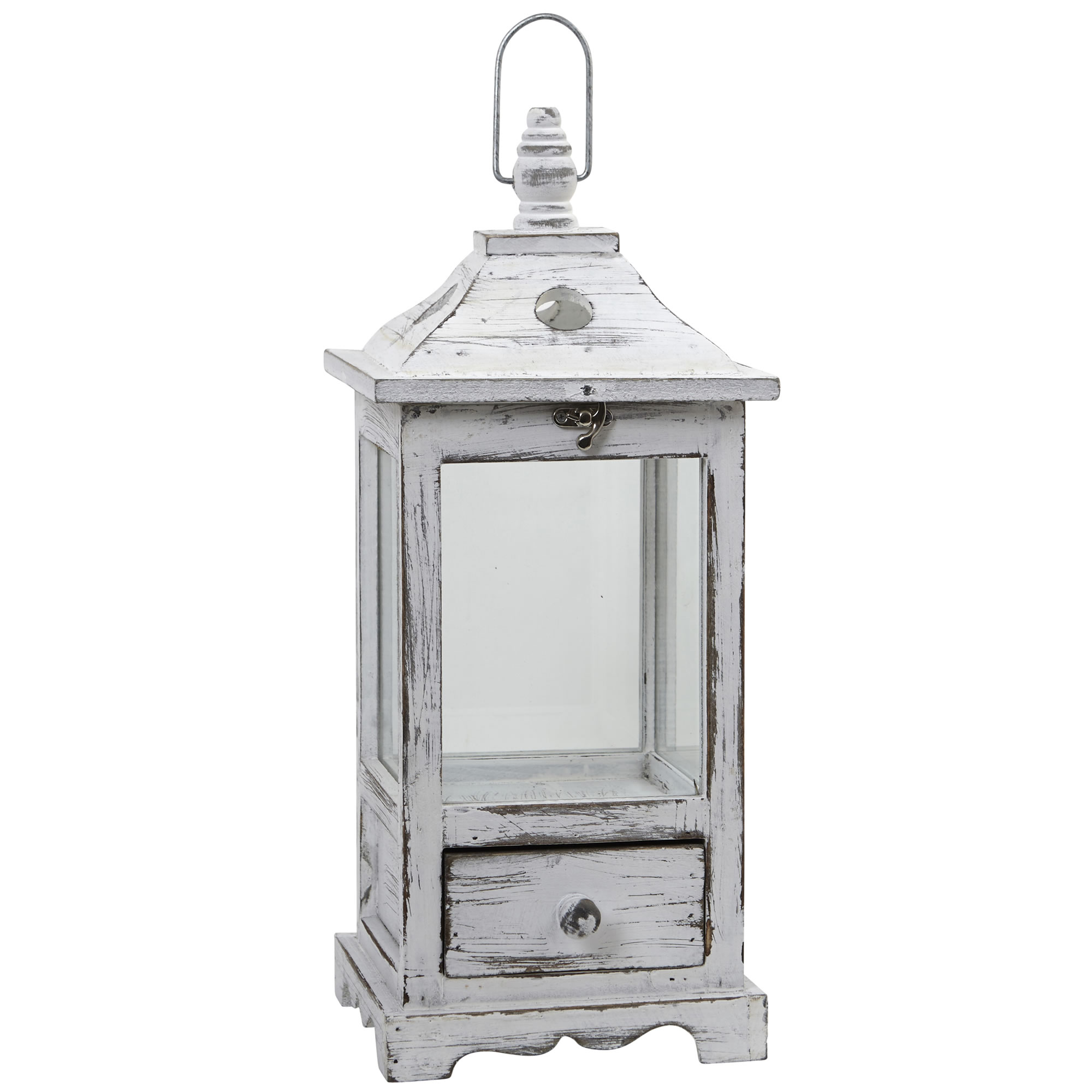 17.25 inch Distressed Wooden Lantern with Drawer