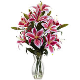 28 inch Indoor Silk Rubrum Lily Arrangement in Decorative Glass Vase
