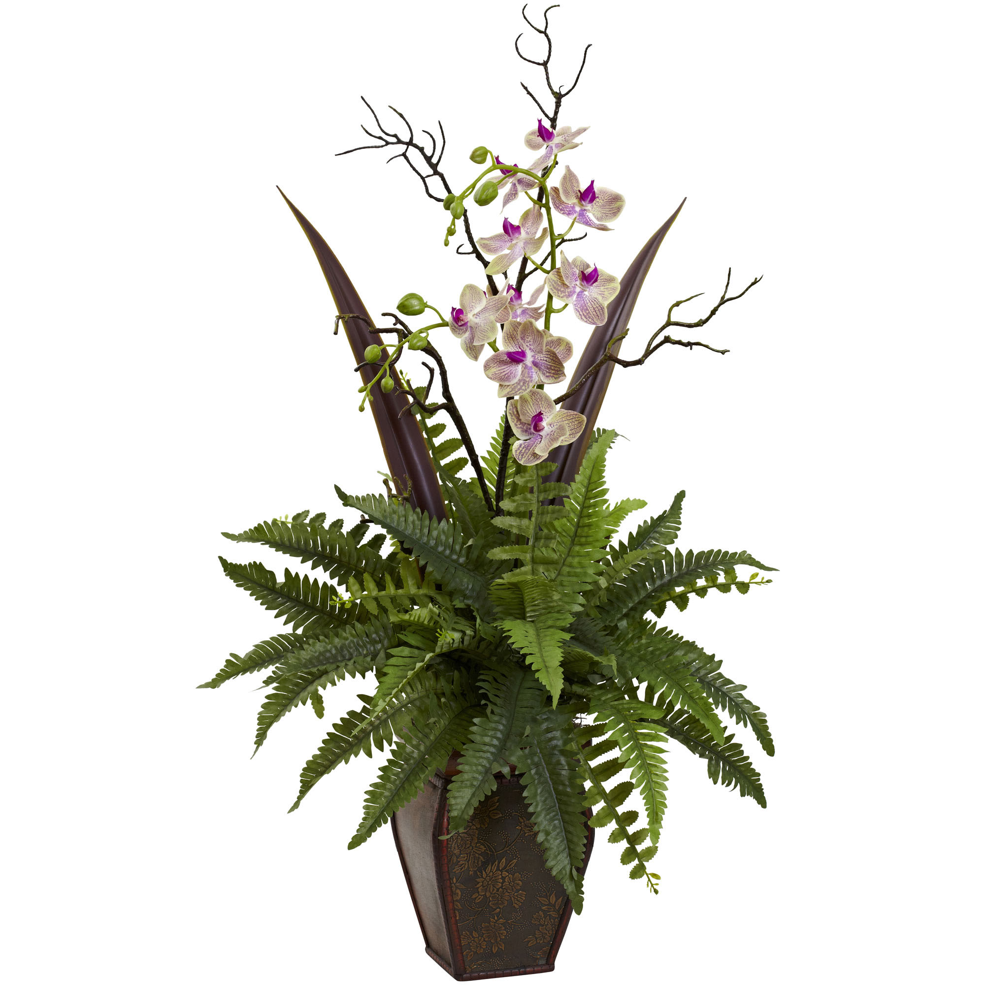 36 Inch Indoor Silk Fern & Orchid Arrangement In Decorative Planter