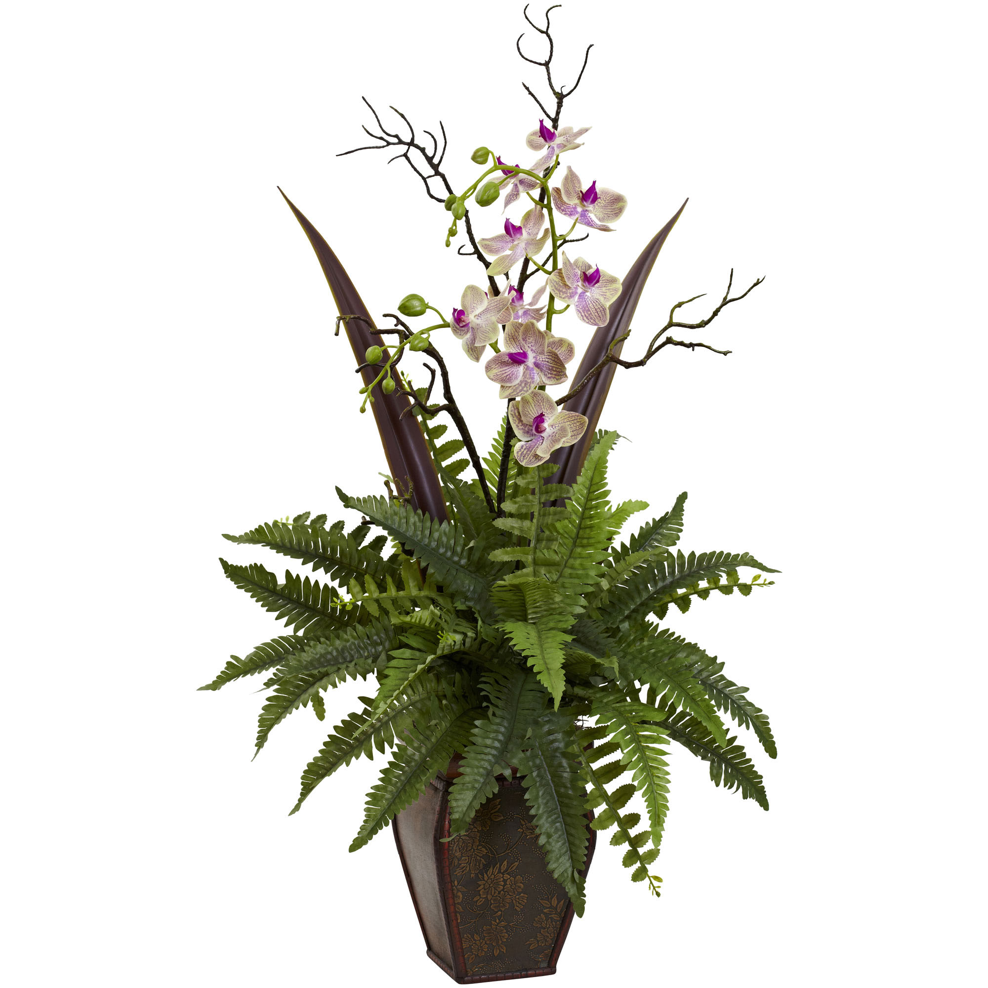 36 inch Indoor Silk Fern & Orchid Arrangement in Decorative Planter