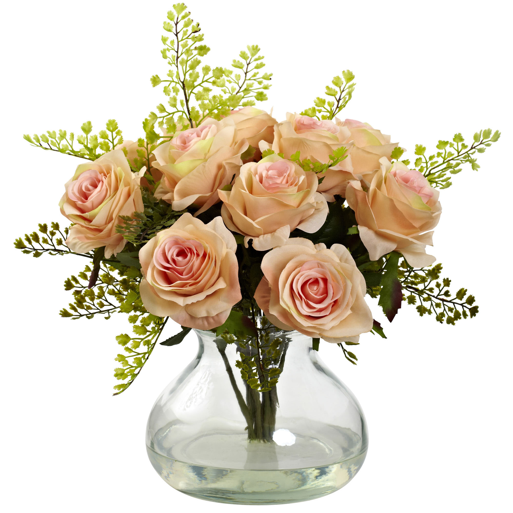 14 inch Indoor Silk Rose & Maiden Hair Arrangement in Vase