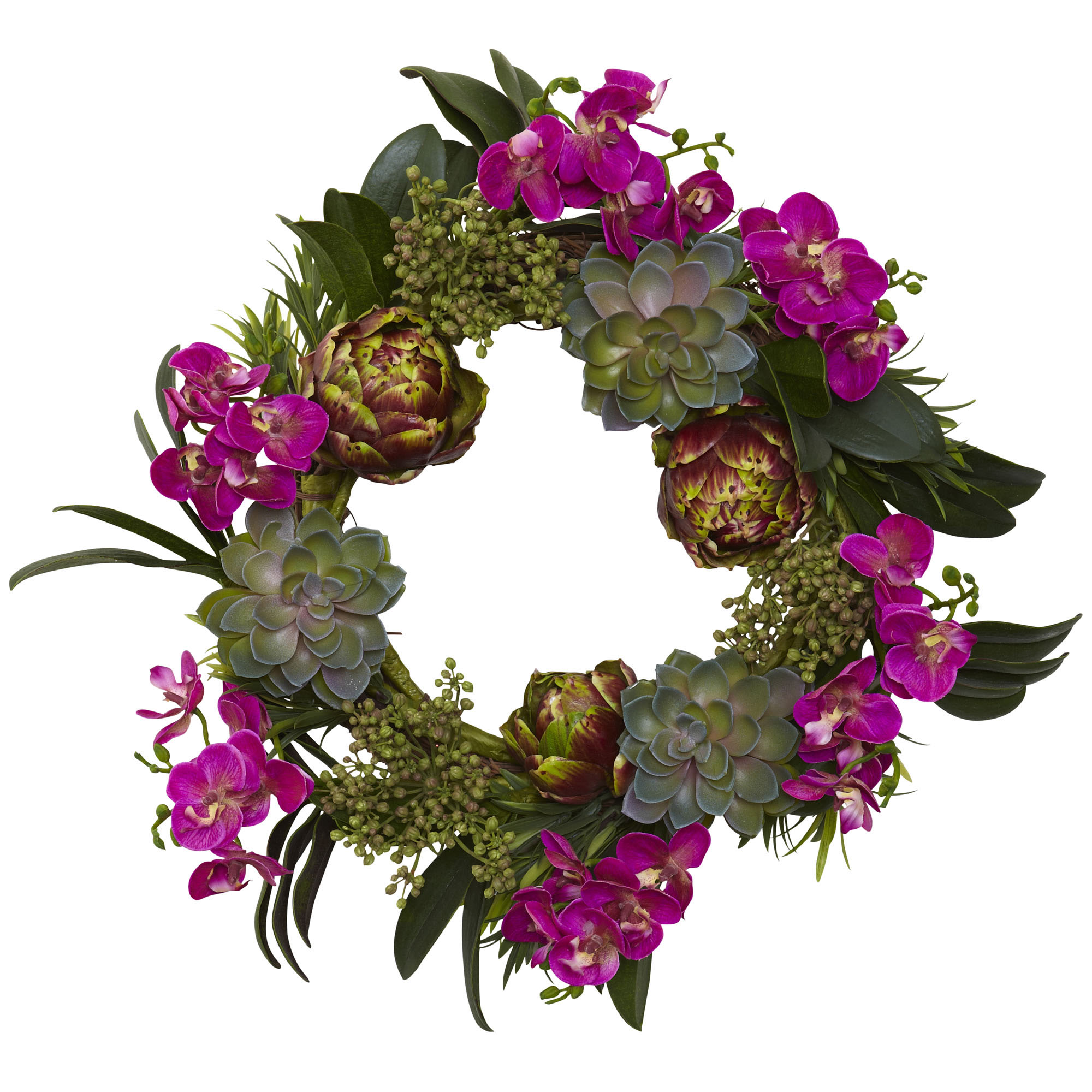 20 inch Silk Indoor Orchid, Artichoke & Succulent Wreath