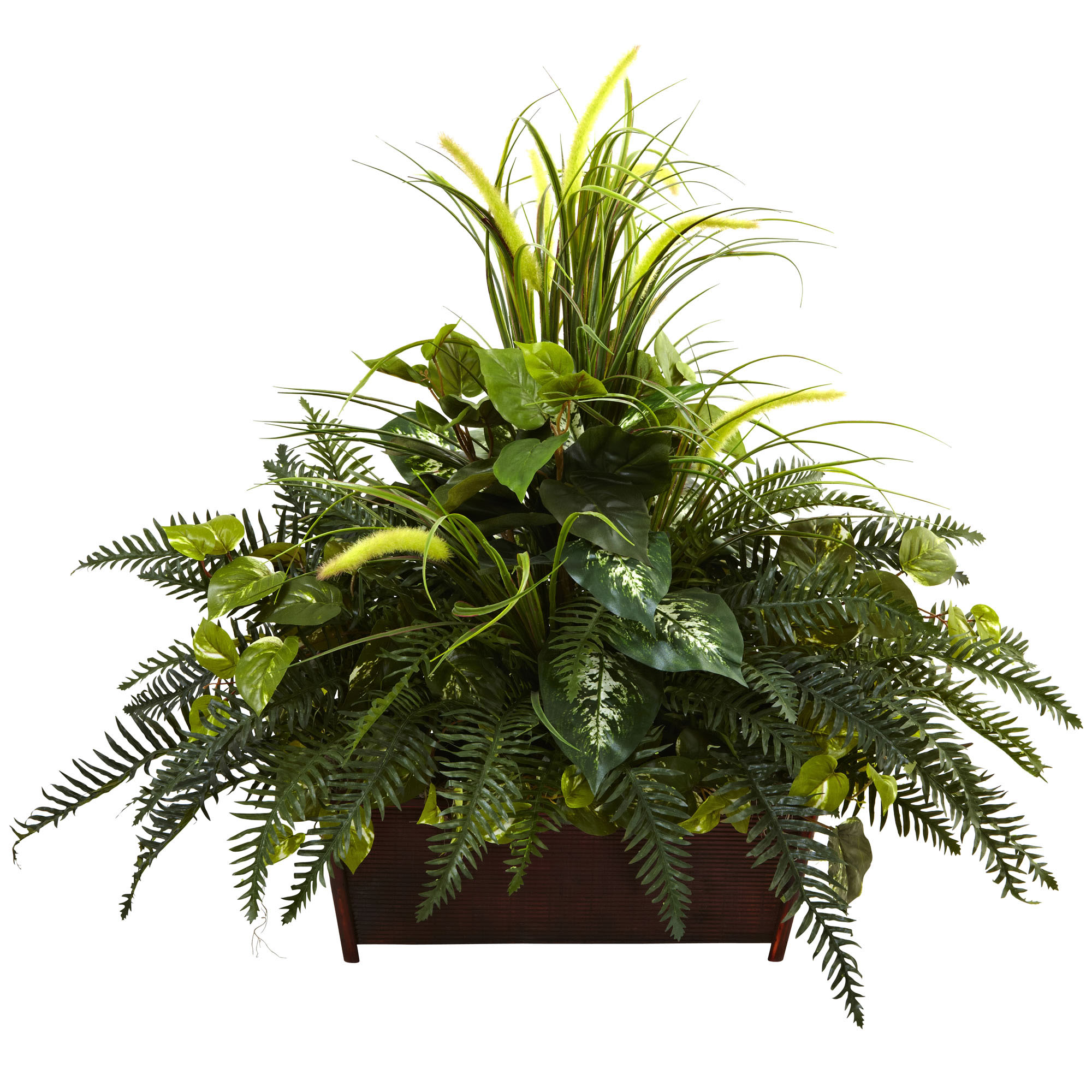 36 Inch Silk Indoor Mixed Grass & River Fern In Wood Planter