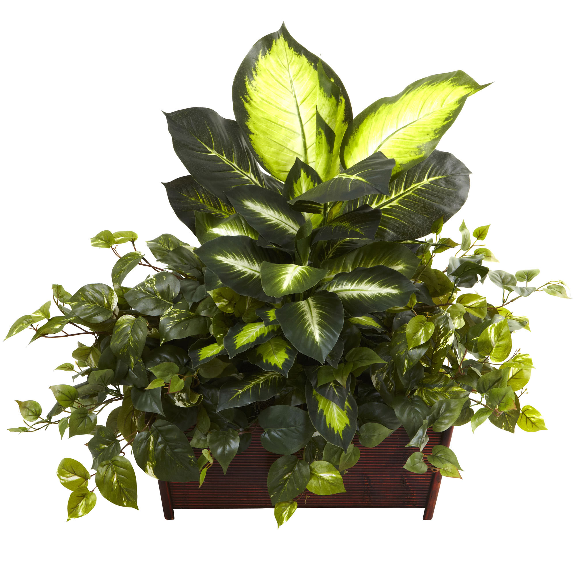 30 Inch Silk Golden Dieffenbachia/philodendron/pothos In Wood Planter