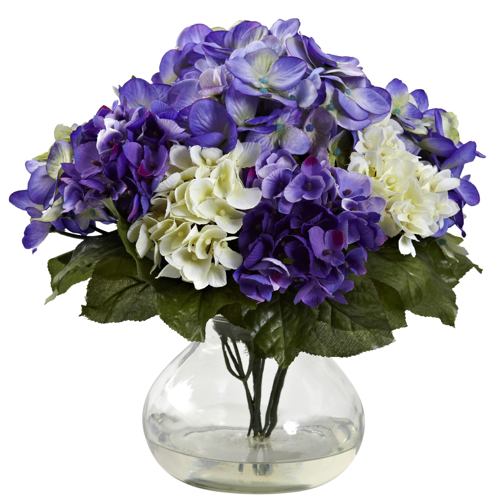 11 Inch Indoor Silk Mixed Blue/purple Hydrangea In Decorative Glass Vase