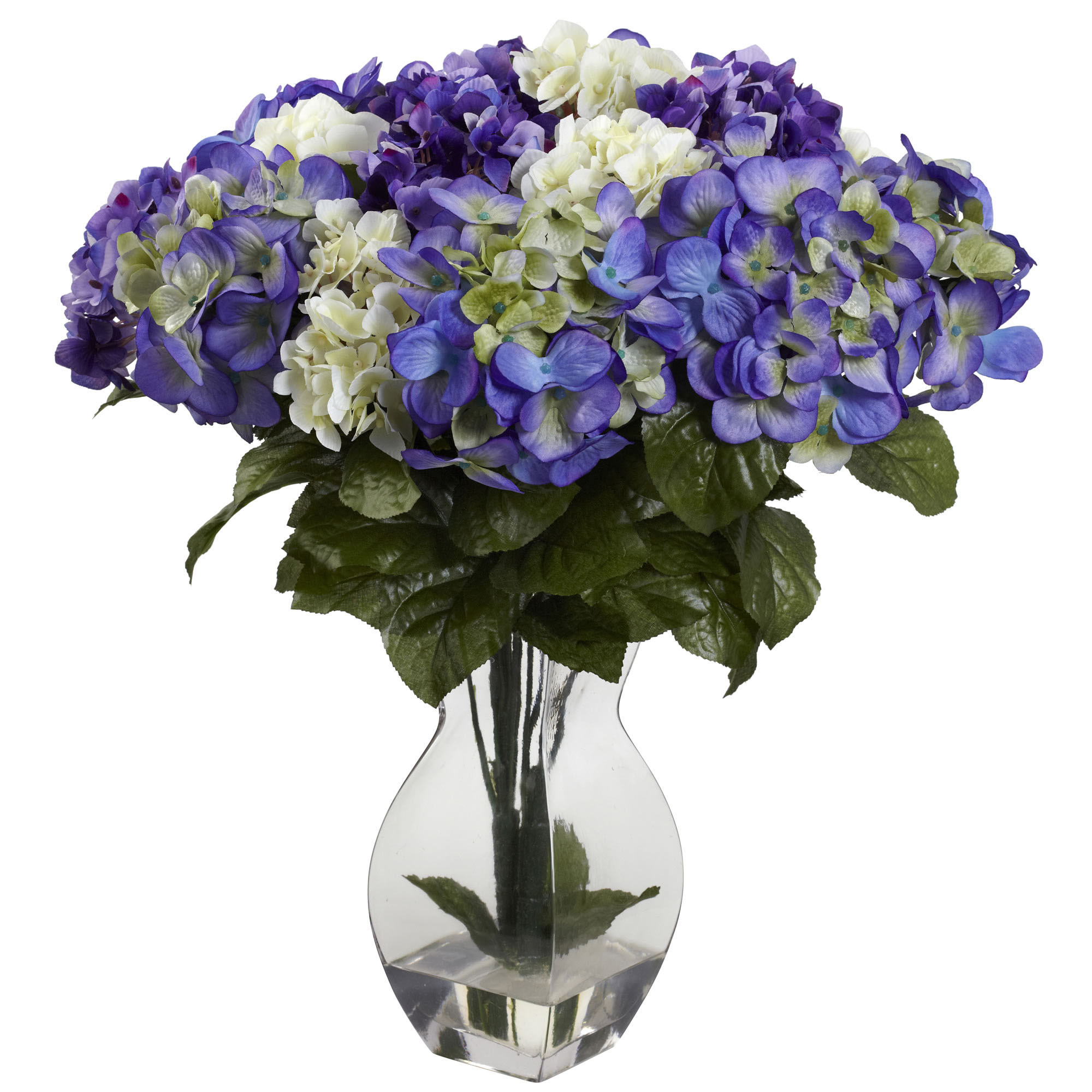 20 inch Indoor Silk Mixed Blue/Purple Hydrangea in Decorative Glass Vase