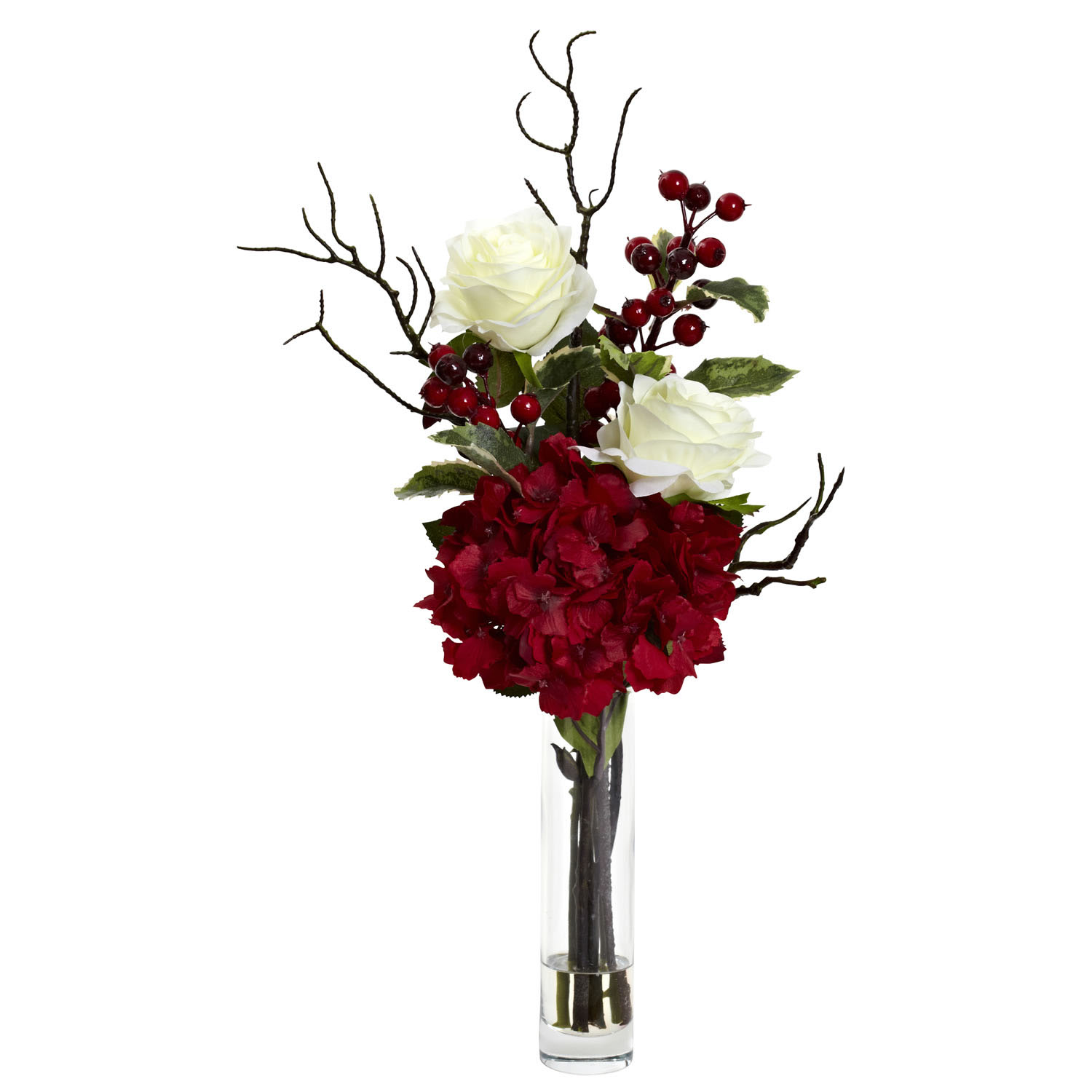 19.5 Inch Holly Berry/rose/hydrangea Holiday Arrangement In Glass Vase