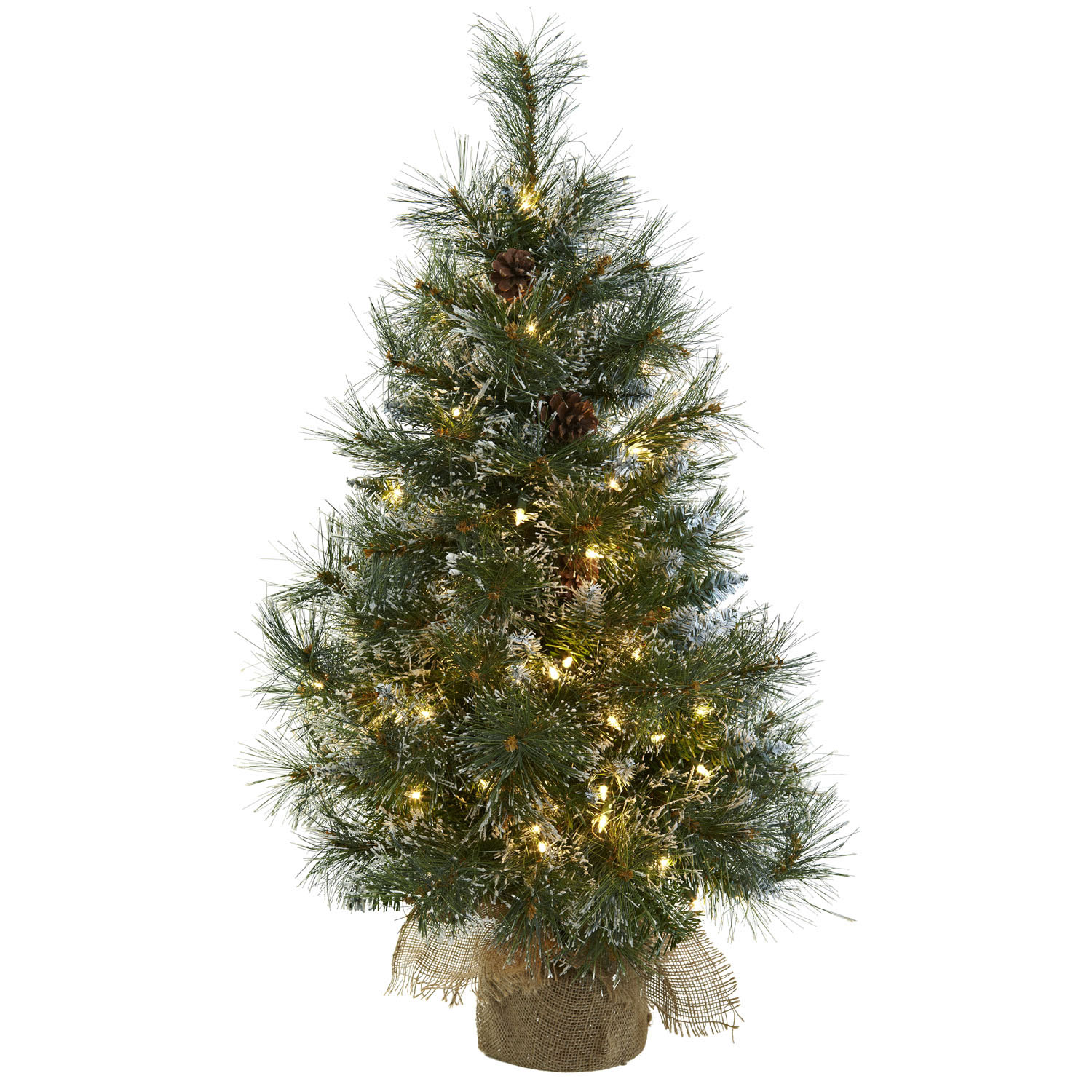 3 Foot Christmas Tree In Clear Lights Frosted Tips Pine Cones & Burlap Bag