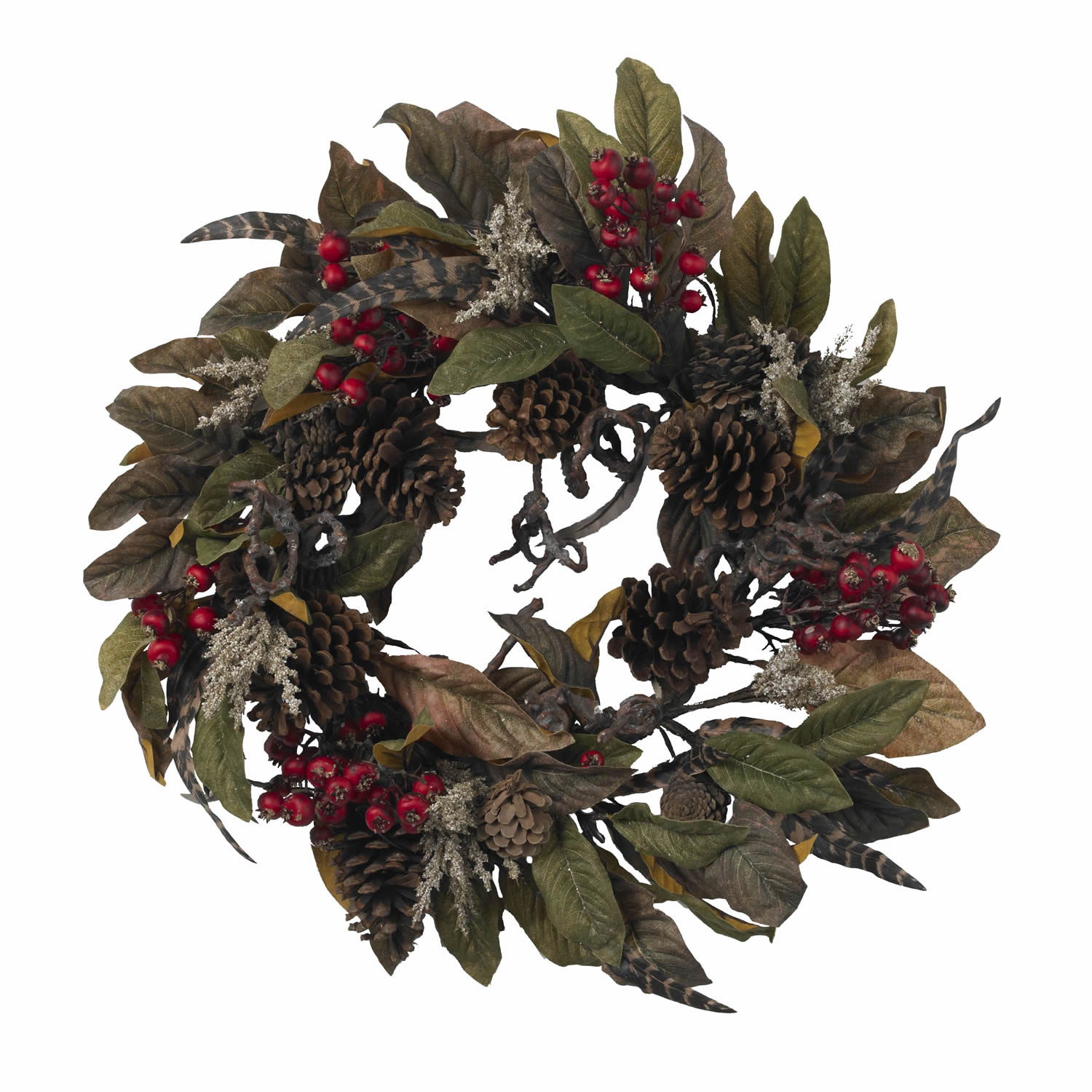 24 Inch Pinecone, Berry And Feather Wreath