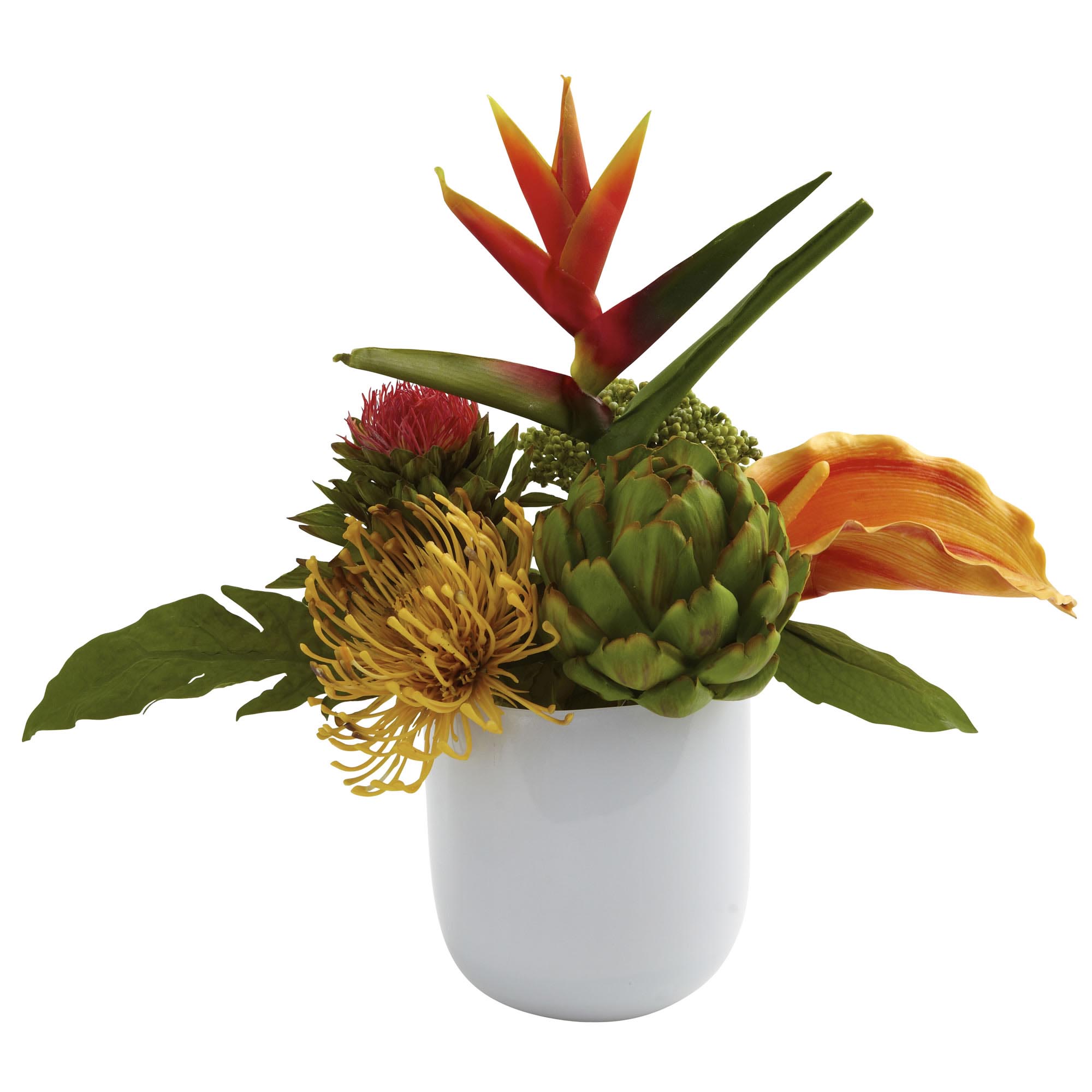 14 Inch Silk Tropical Floral Arrangement In White Glass Vase