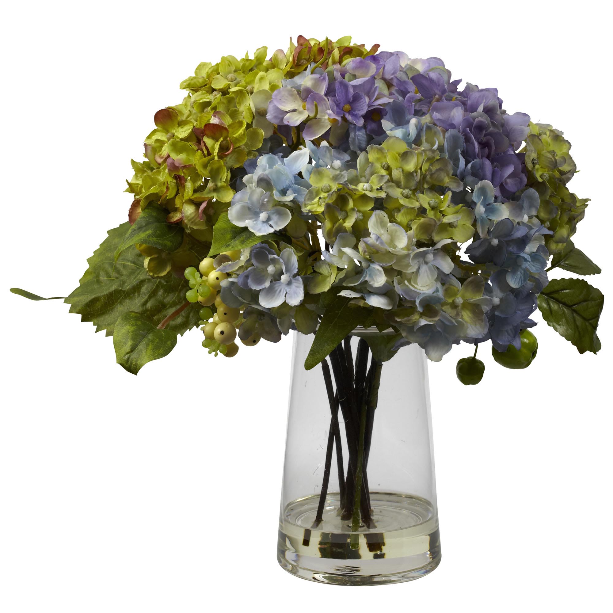 11 Inch Silk Hydrangea Arrangement In Glass Vase