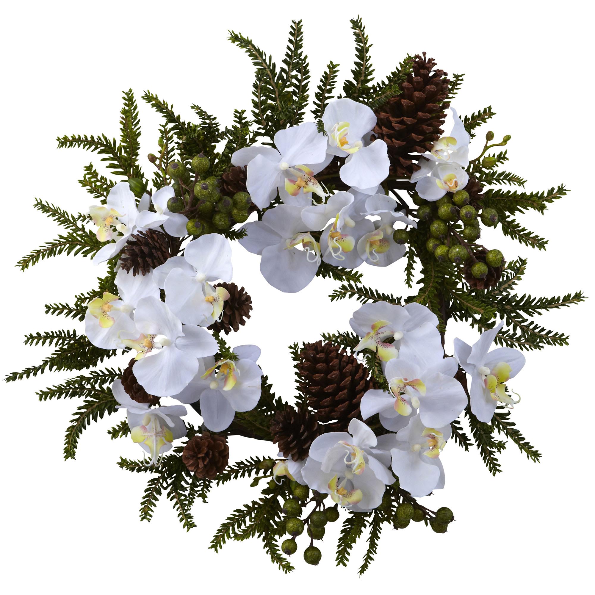 22 Inch Artificial Phalaenopsis & Pine Wreath