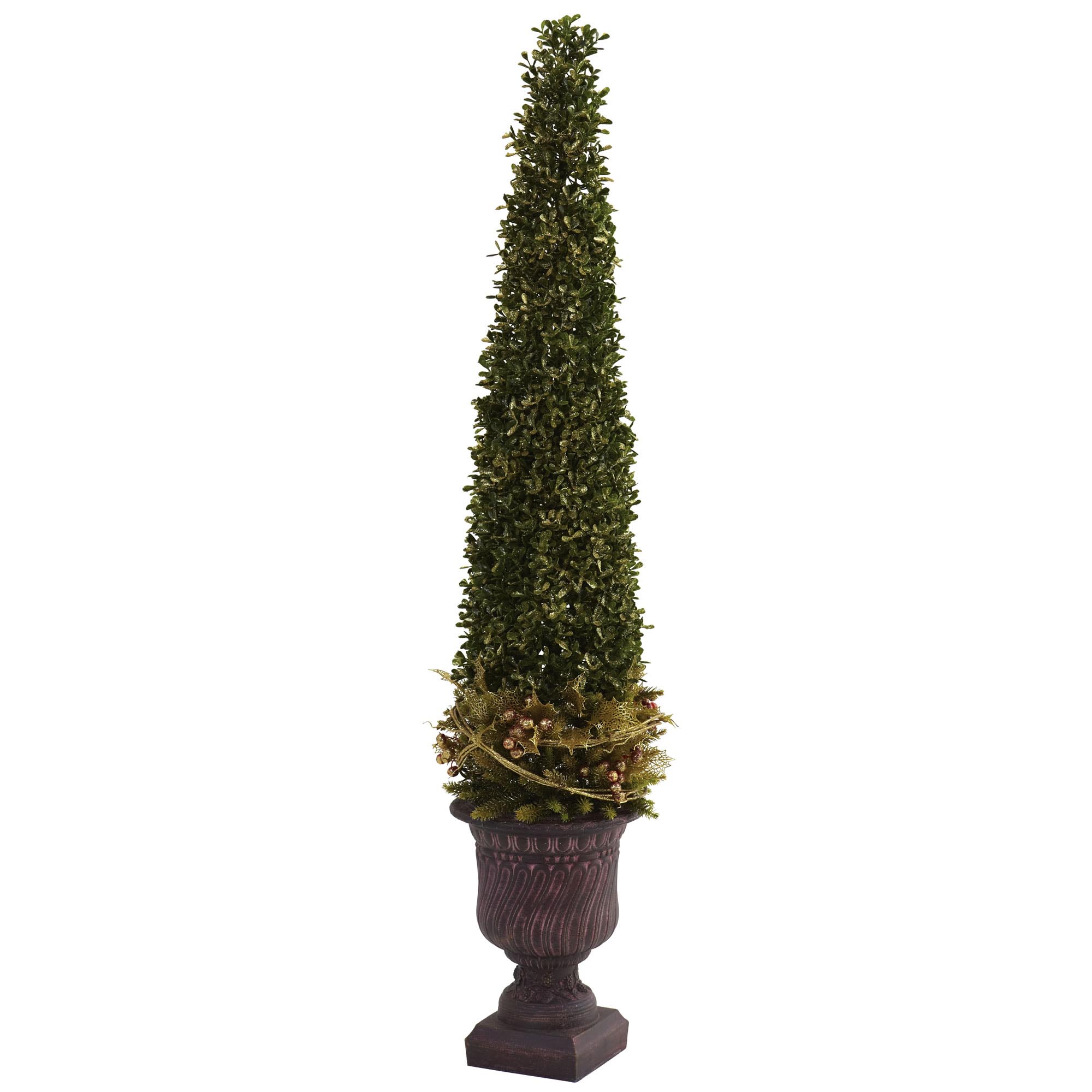 39 Inch Mixed Golden Boxwood & Holly Cone Topiary In Urn