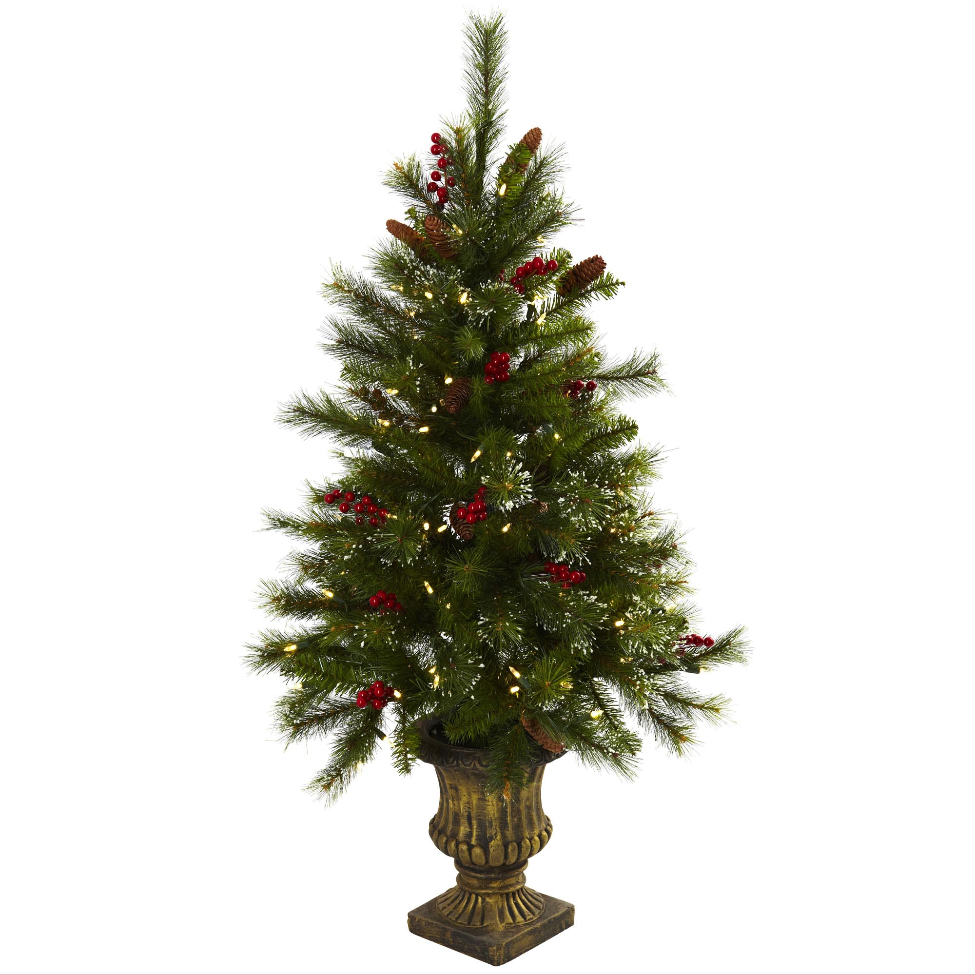 4 Foot Artificial Christmas Tree W/ Berries & Pine Cones In Urn: Led Lights