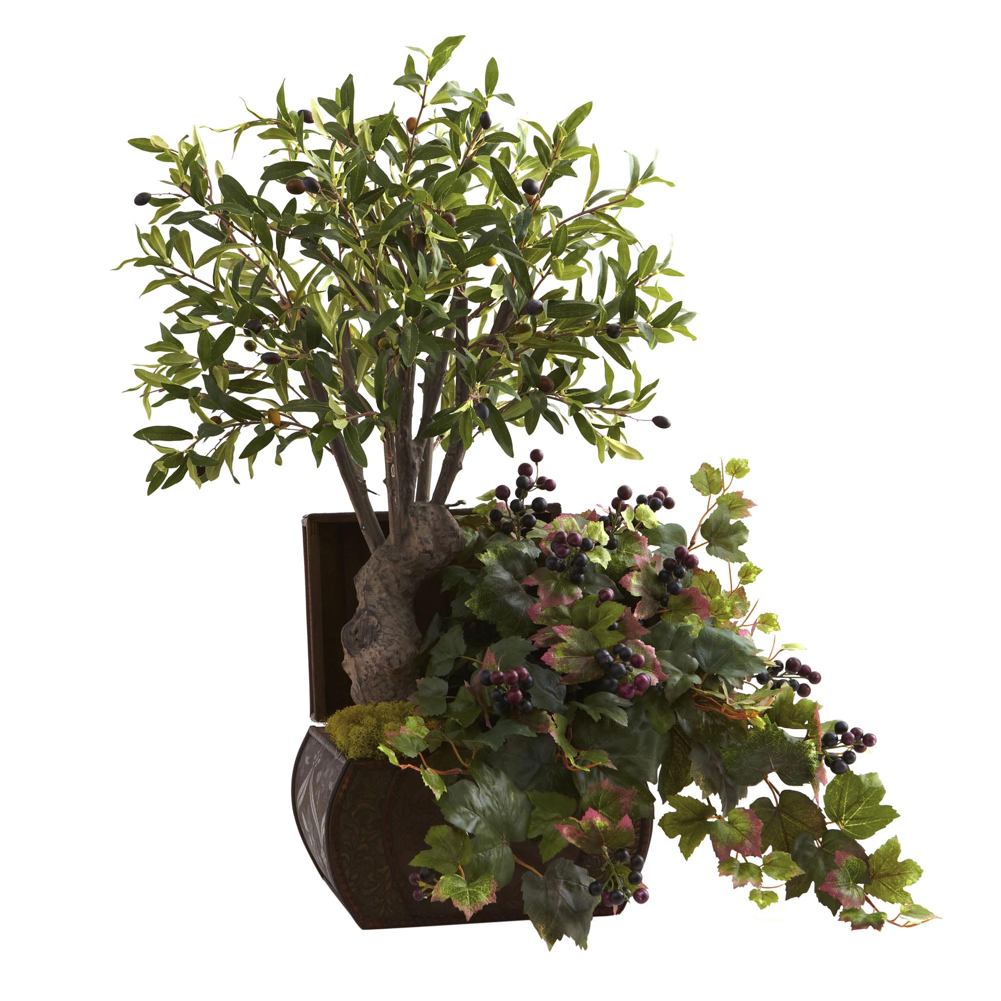 32 Inch Olive Tree & Grape Leaf Plant In Chest