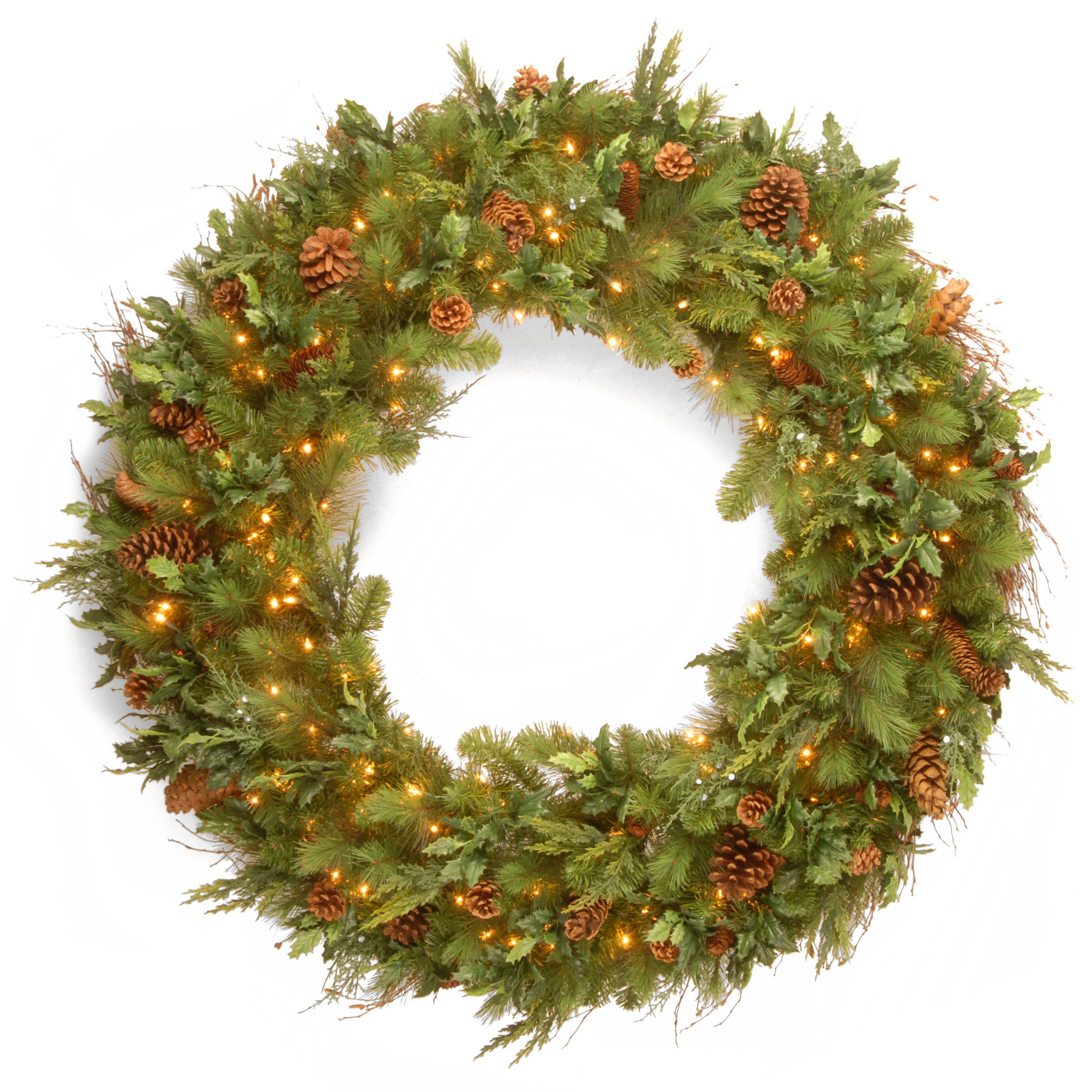 48 Inch Decorative Collection Juniper Mix Pine Wreath: Clear Leds