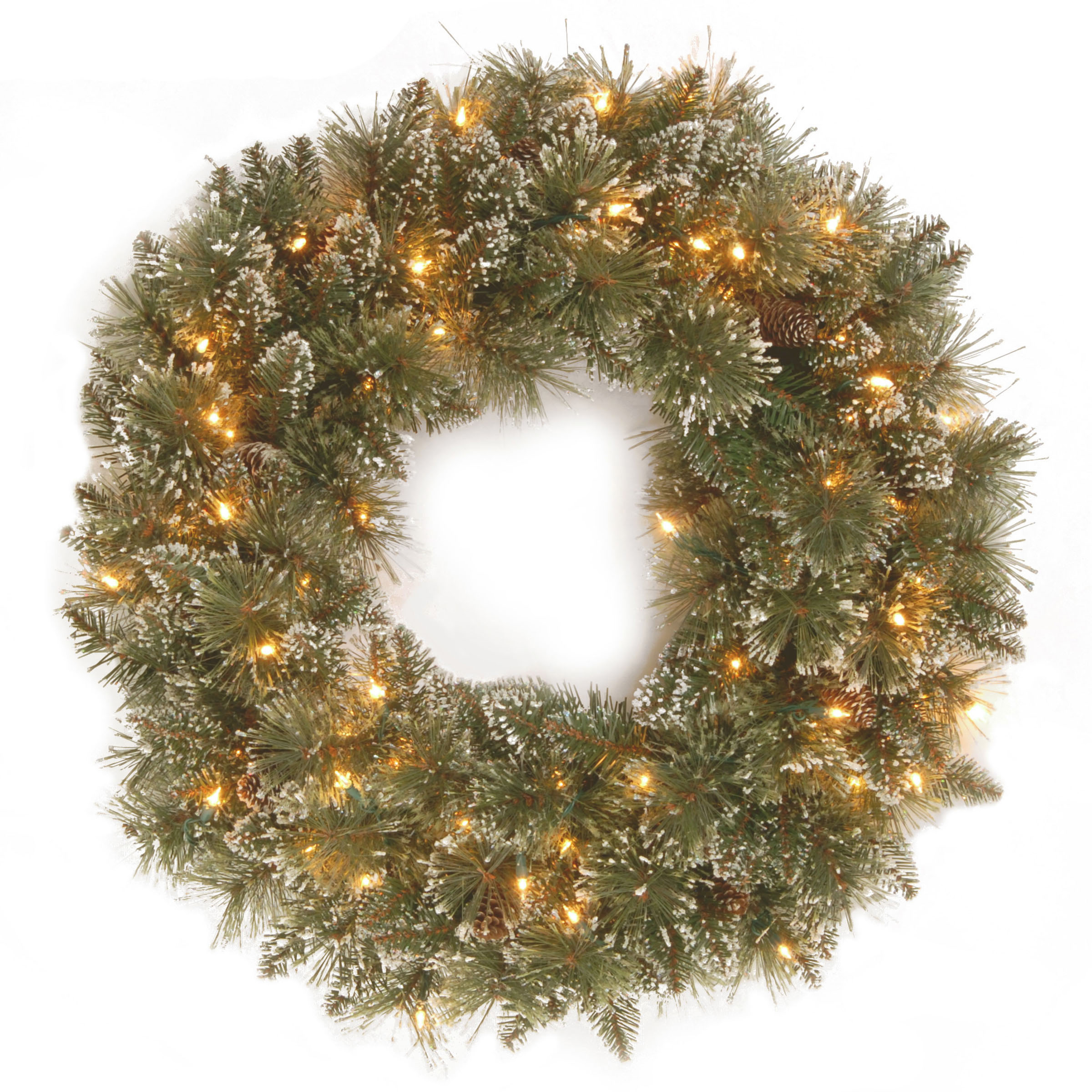 24 Inch Glittery Bristle Pine Wreath: Cones & Clear Leds