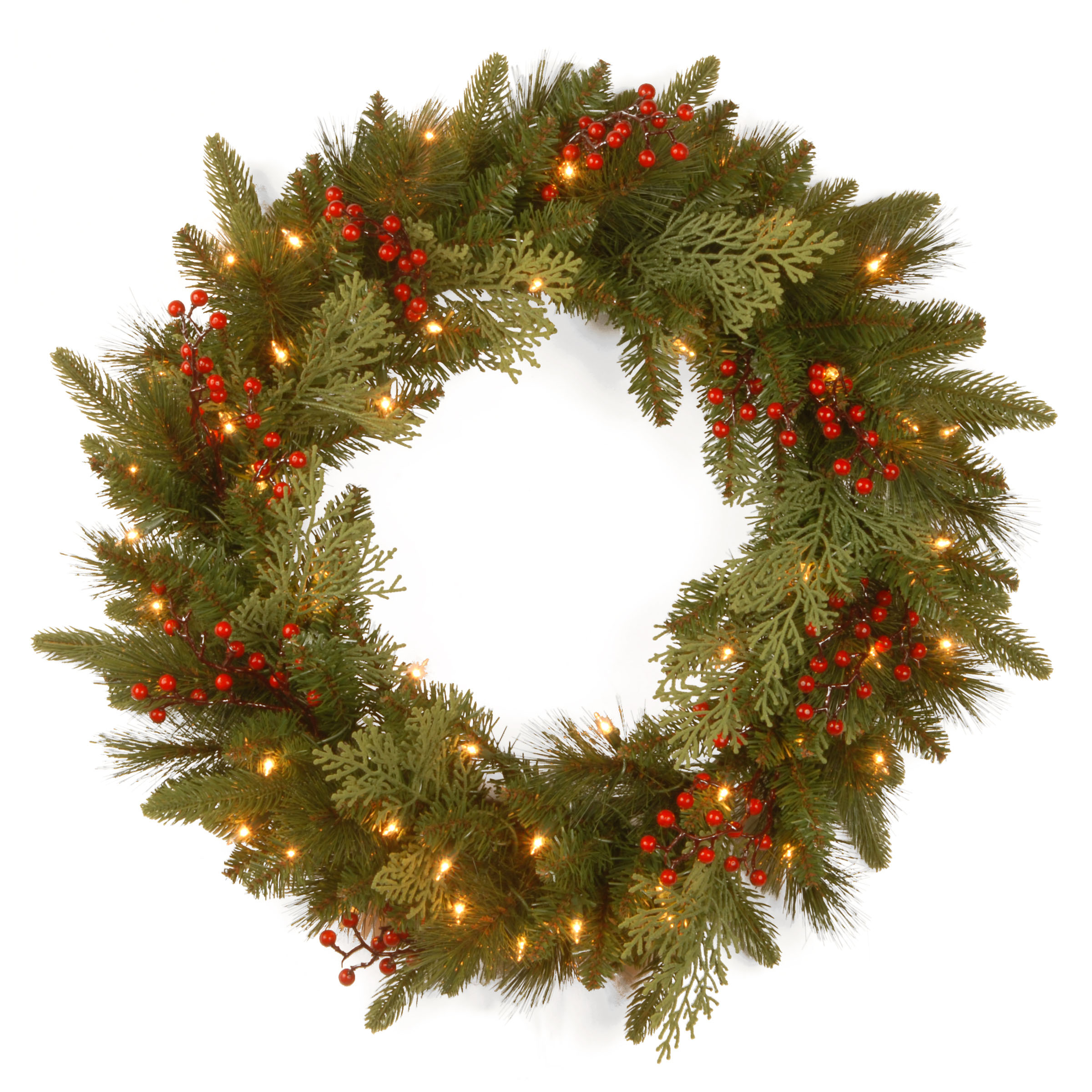 24 Inch Pe/pvc Classical Collection Wreath: Berries, Cedar Leaves & Clear Leds