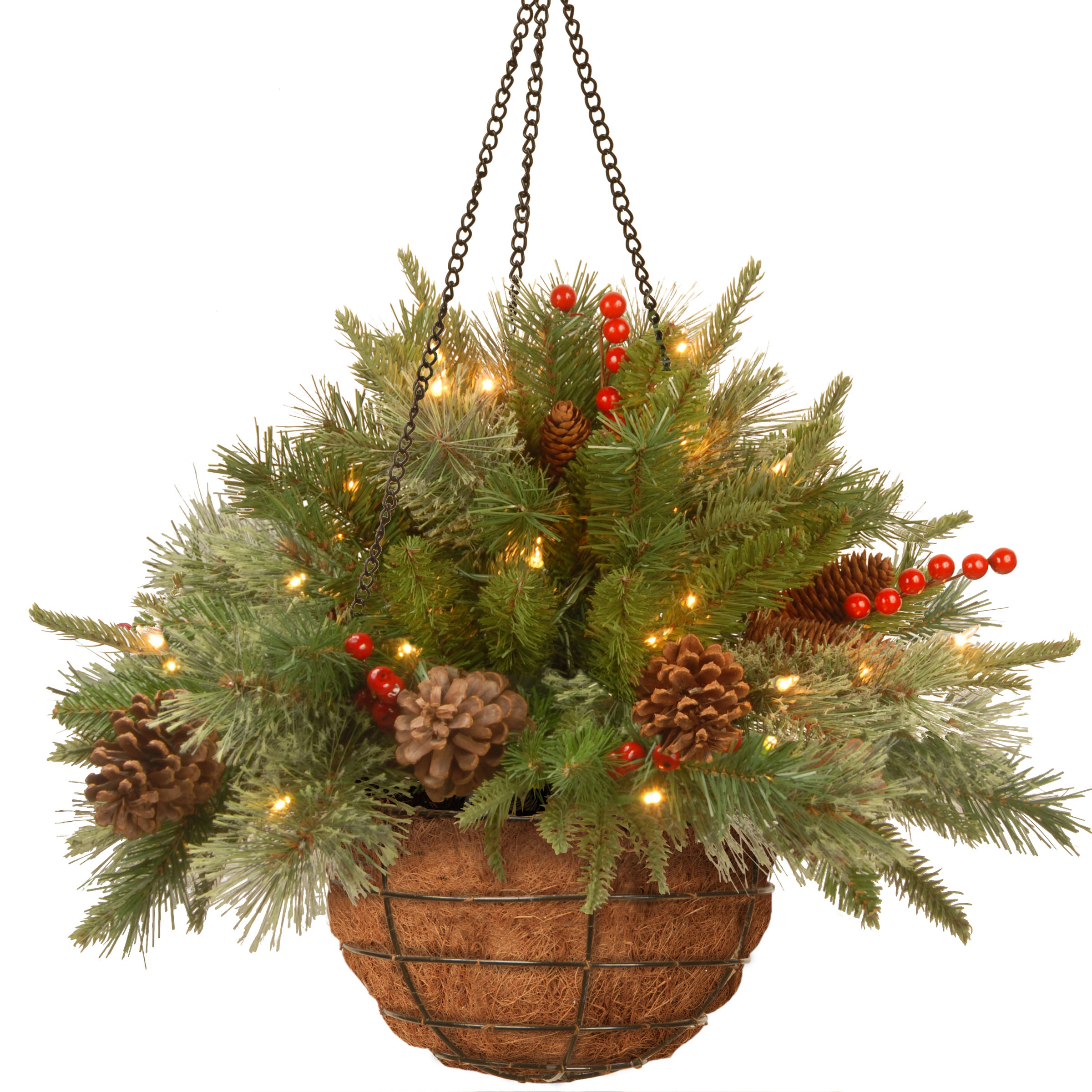 20 Inch Pe/pvc Colonial Hanging Basket: Cones, Berries & Clear Leds