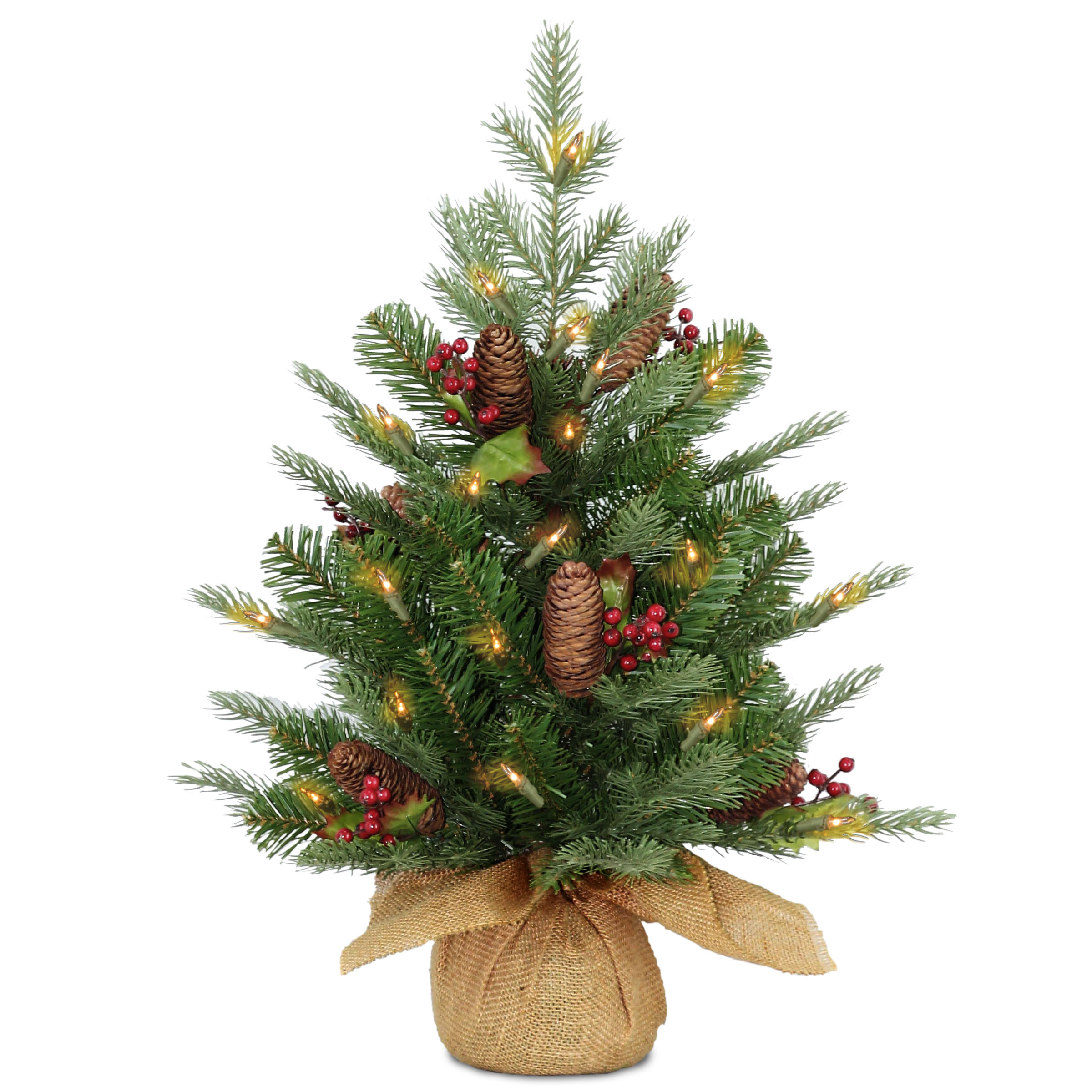 3 Foot Pe/pvc Nordic Spruce Small Tree In Burlap Bag: Cones, Red Berries & Clear Leds