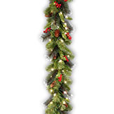 9 foot x 10 inch Crestwood Spruce Garland: Bristle/Berries/Glitter/LEDs